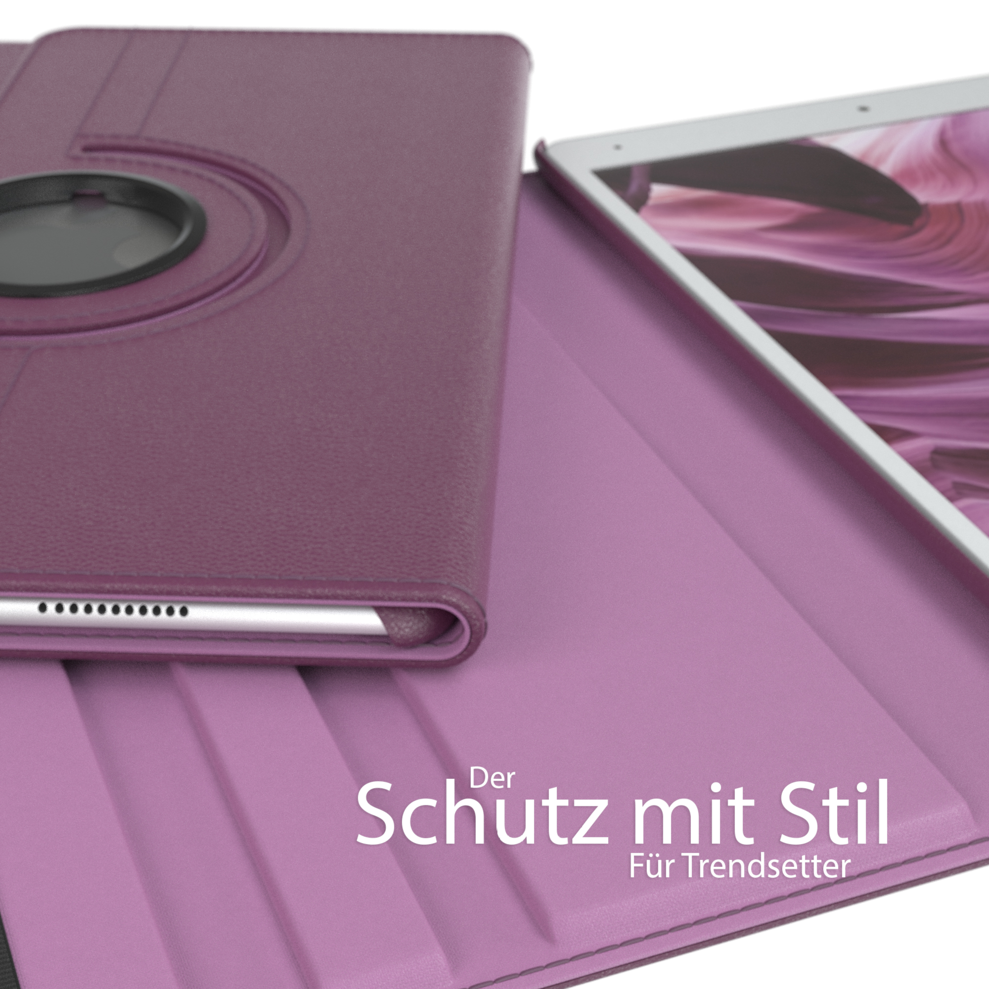 Lila Tablethülle mit Ständer. Das Gehäuse ist offen und gibt das Tablet frei. Der Umschlag hat Text.