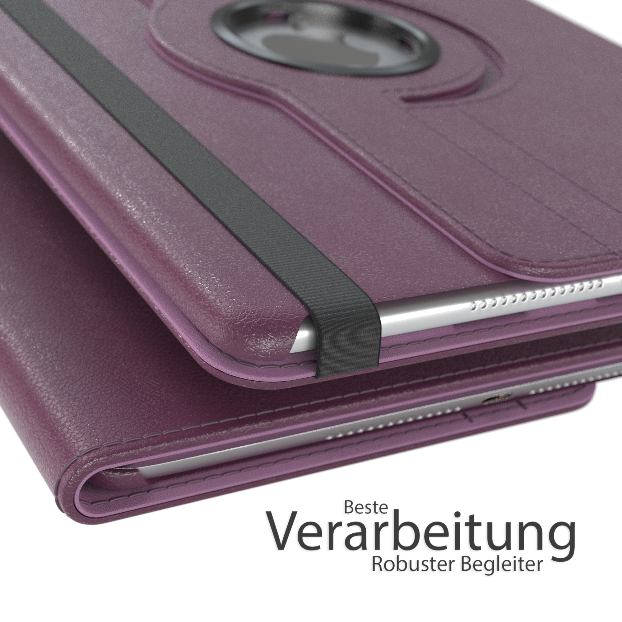 Eine violette Tablethülle, die ihre Seite zeigt, mit einem schwarzen Gummiband.