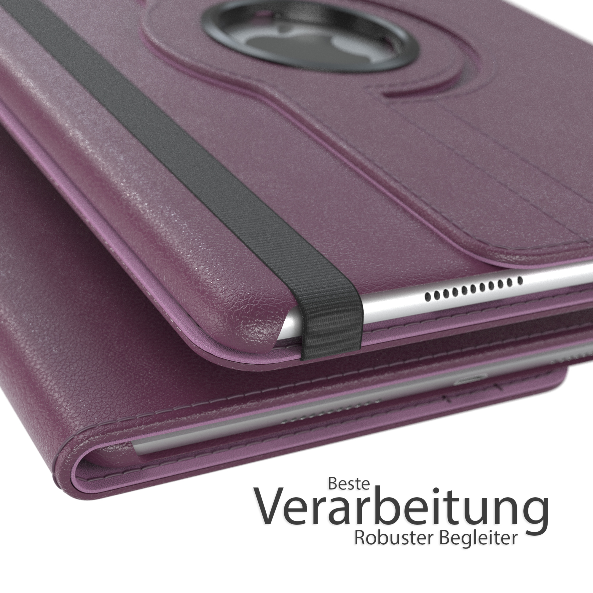 Lila Tablet-Hülle mit schwarzem Gurt, Tablet innen sichtbar.