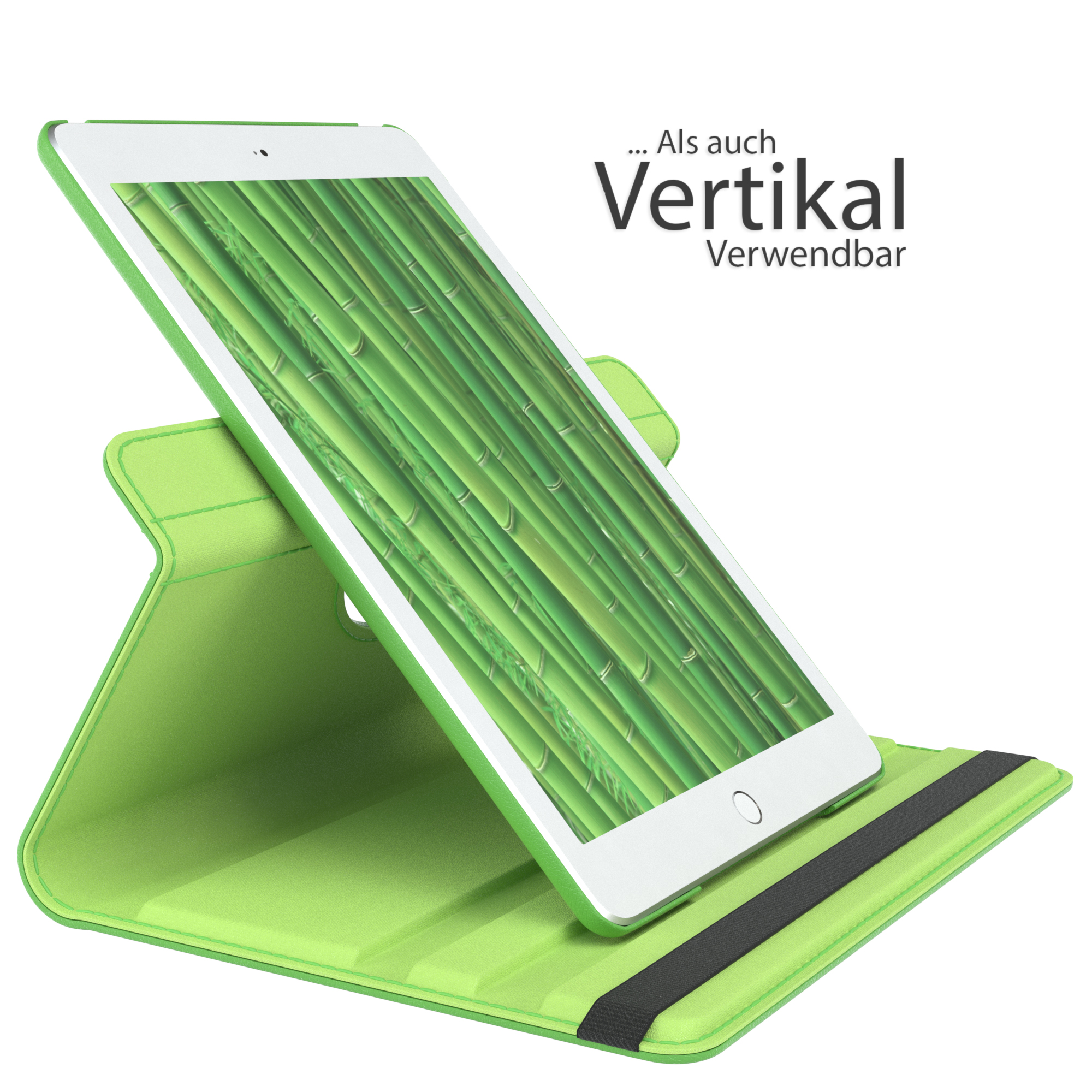 Tablet in einem grünen Case, nach oben abgewinkelt. Der Bildschirm zeigt einen Bambuswald.