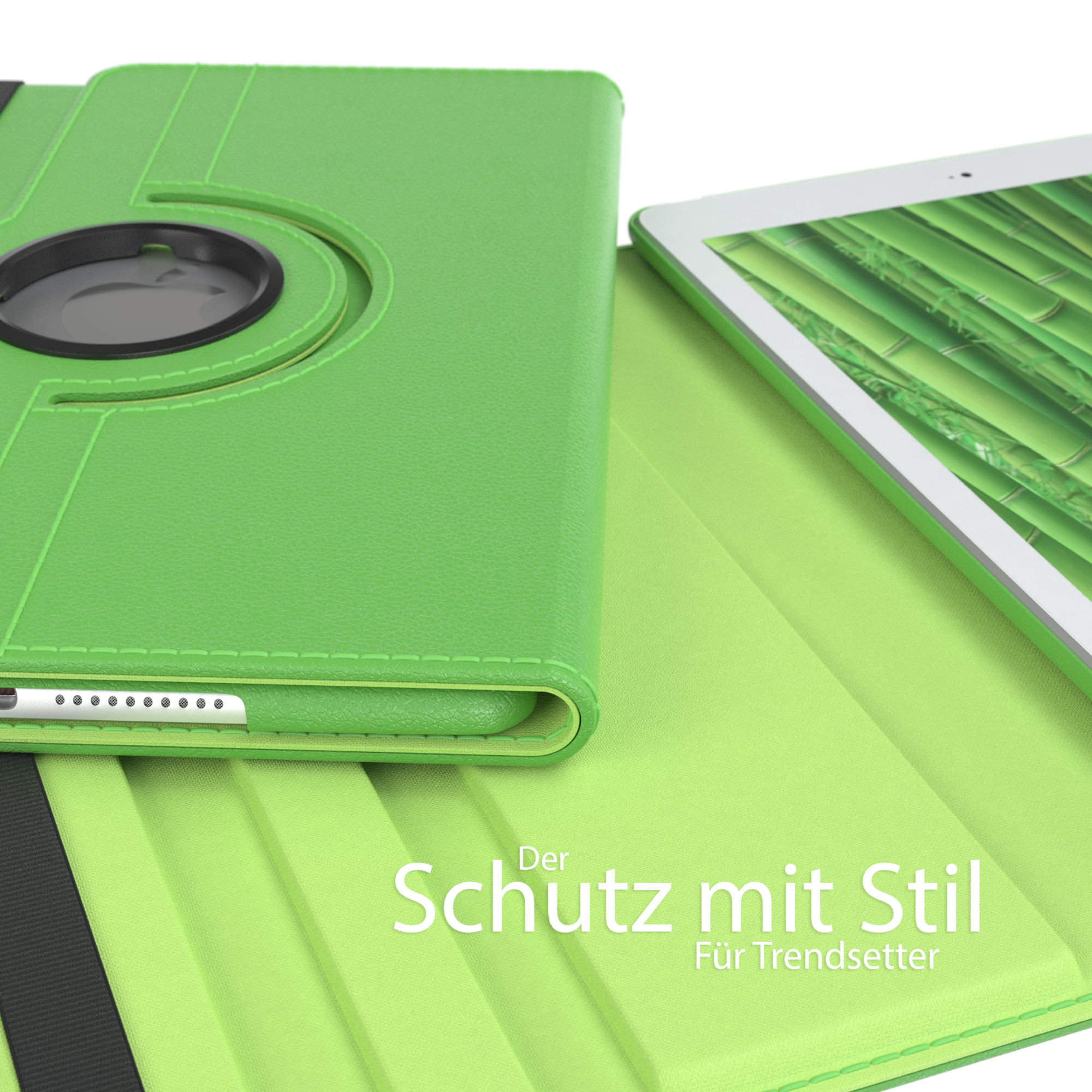 Grüne Tablethülle mit schwarzem Drehstand. Text: Der Schutz mit Stil. Für Trendsetter.