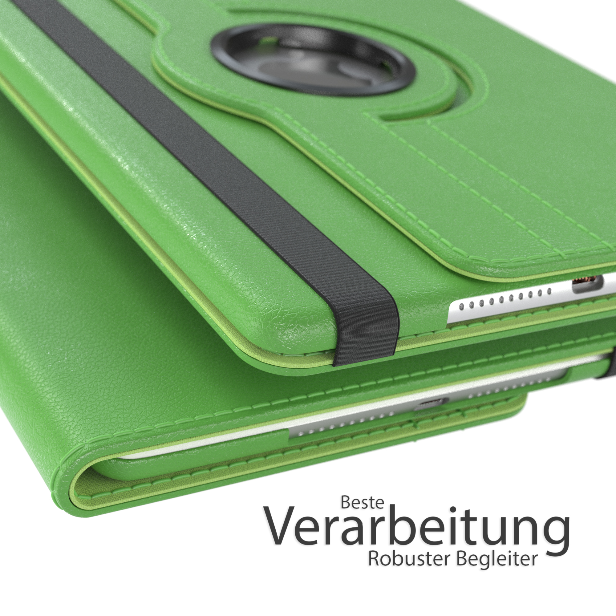 Eine grüne Tablethülle ist geöffnet. Das Tablet ist teilweise sichtbar. Die Hülle ist aus grünem Leder.