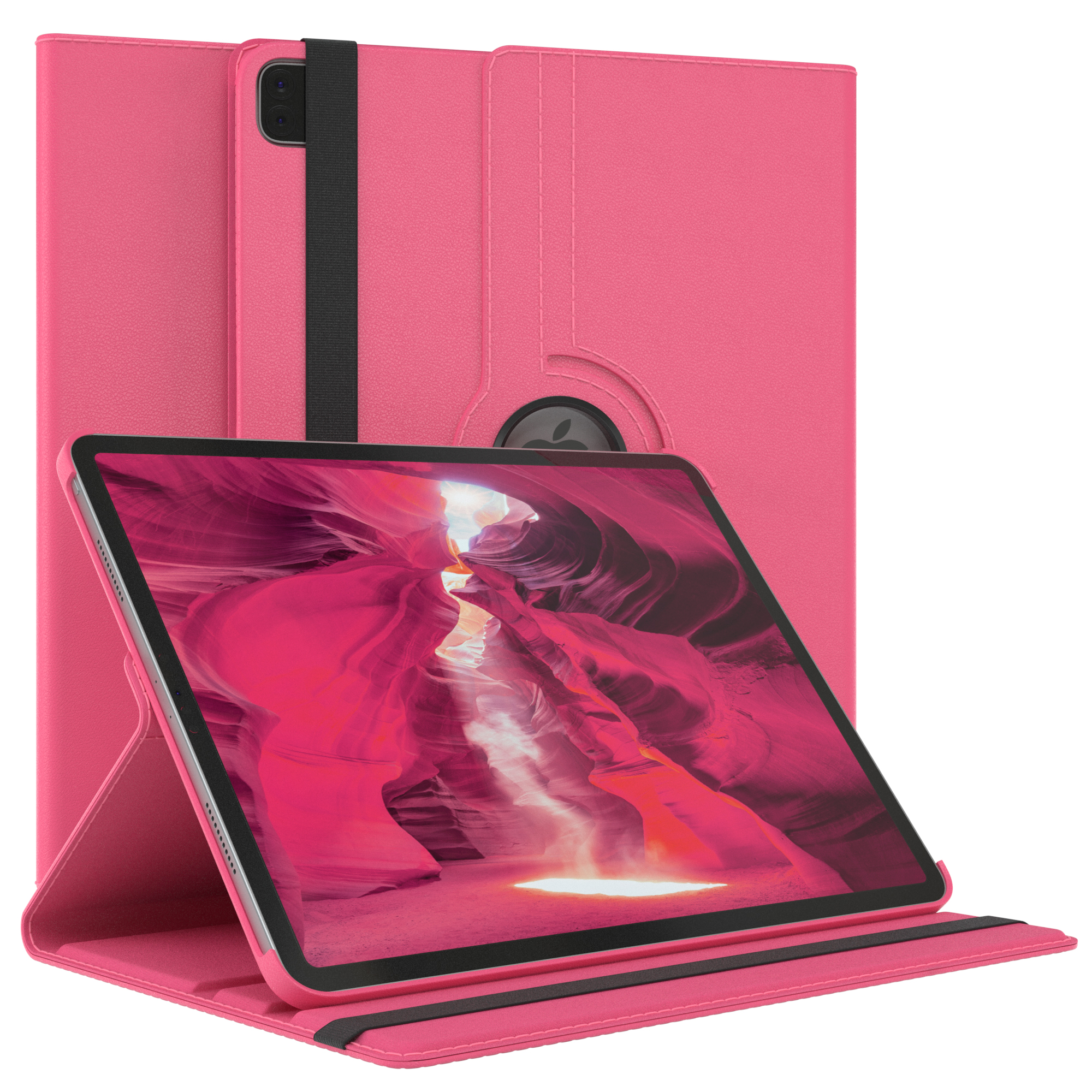 Ein rosa Tablet in einer rosa Hülle, mit geöffneter Hülle. Auf dem Bildschirm eine Landschaft mit roten Felsen.