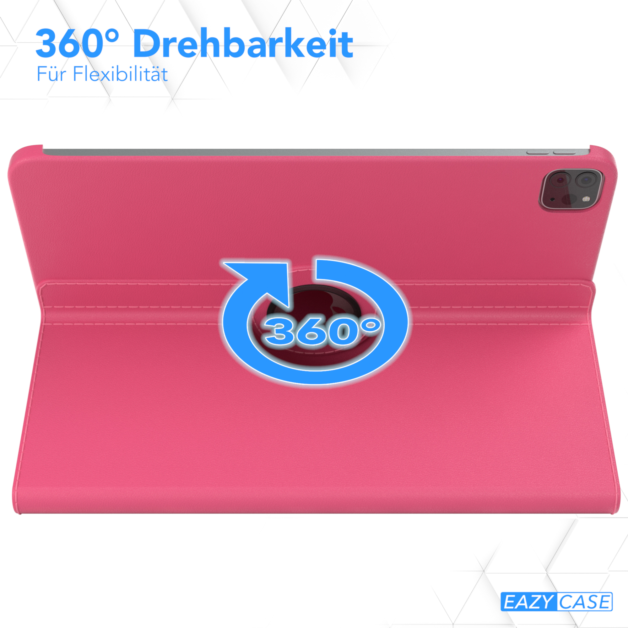 Eine pinkfarbene Tablet-Hülle mit Drehkreis und 360-Grad-Pfeil. Weißer Hintergrund.