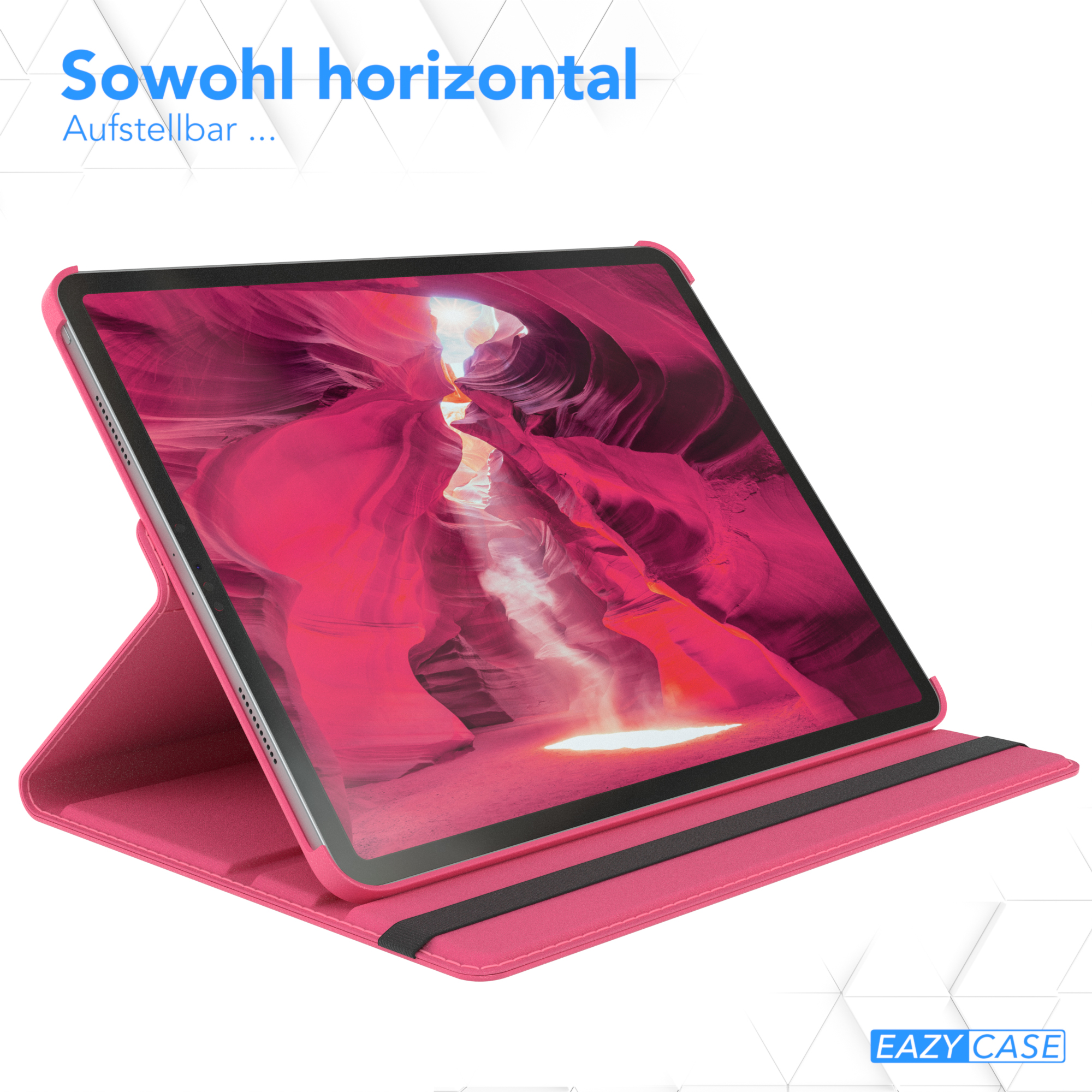 Eine rosa Tablet-Hülle mit einem Tablet darin, offen und angewinkelt. Der Hintergrund ist weiß.