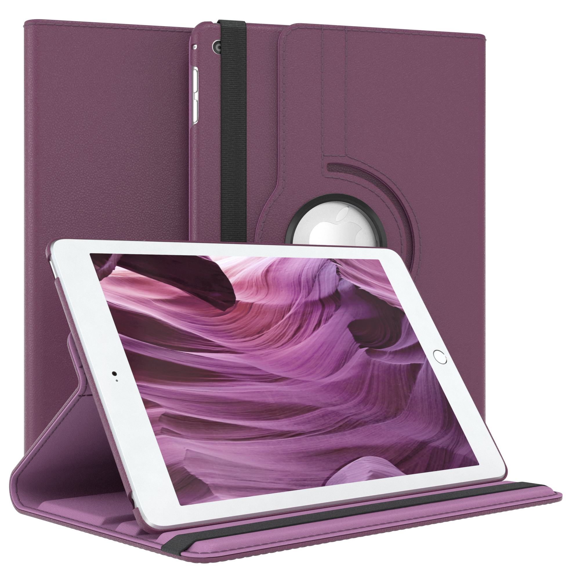 Tablet in lila Hülle, Stift befestigt. Lila Landschaft auf dem Bildschirm. Weißer Hintergrund.