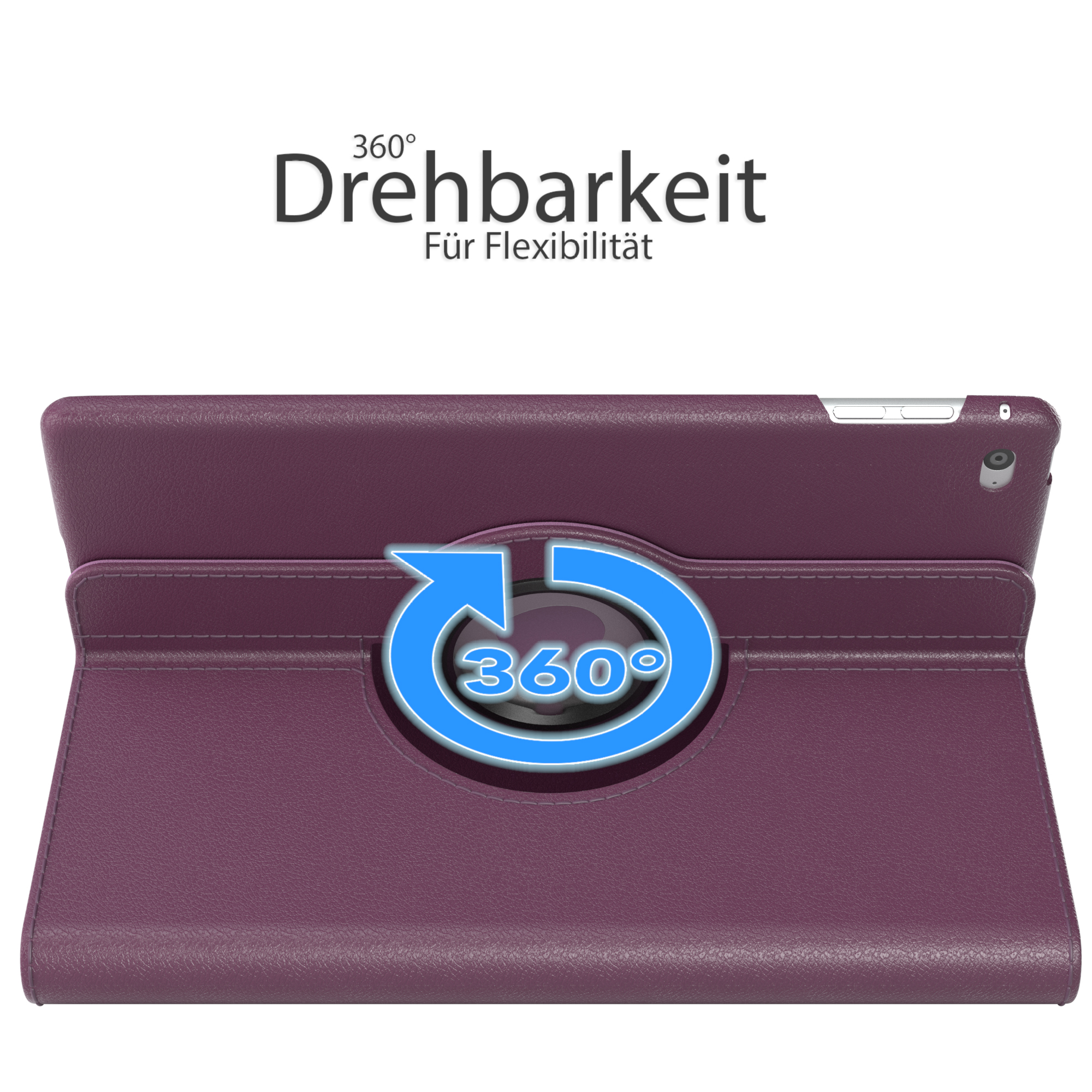 Lila Tablet-Hülle, geöffnet und gedreht. Die Hülle hat eine 360-Grad-Drehfunktion. Text: Drehbarkeit.