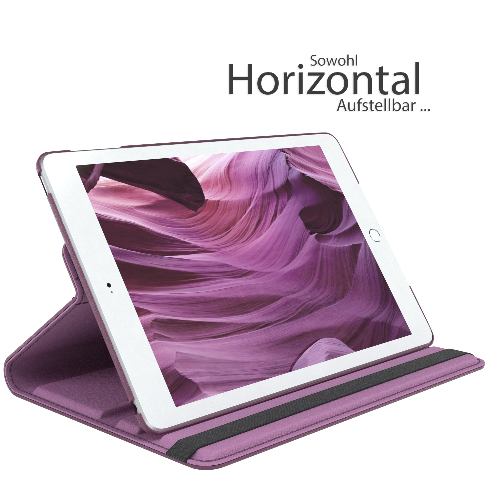 Ein iPad in einer lila Hülle. Die Hülle ist offen und das iPad ist sichtbar. Es kann horizontal sein.