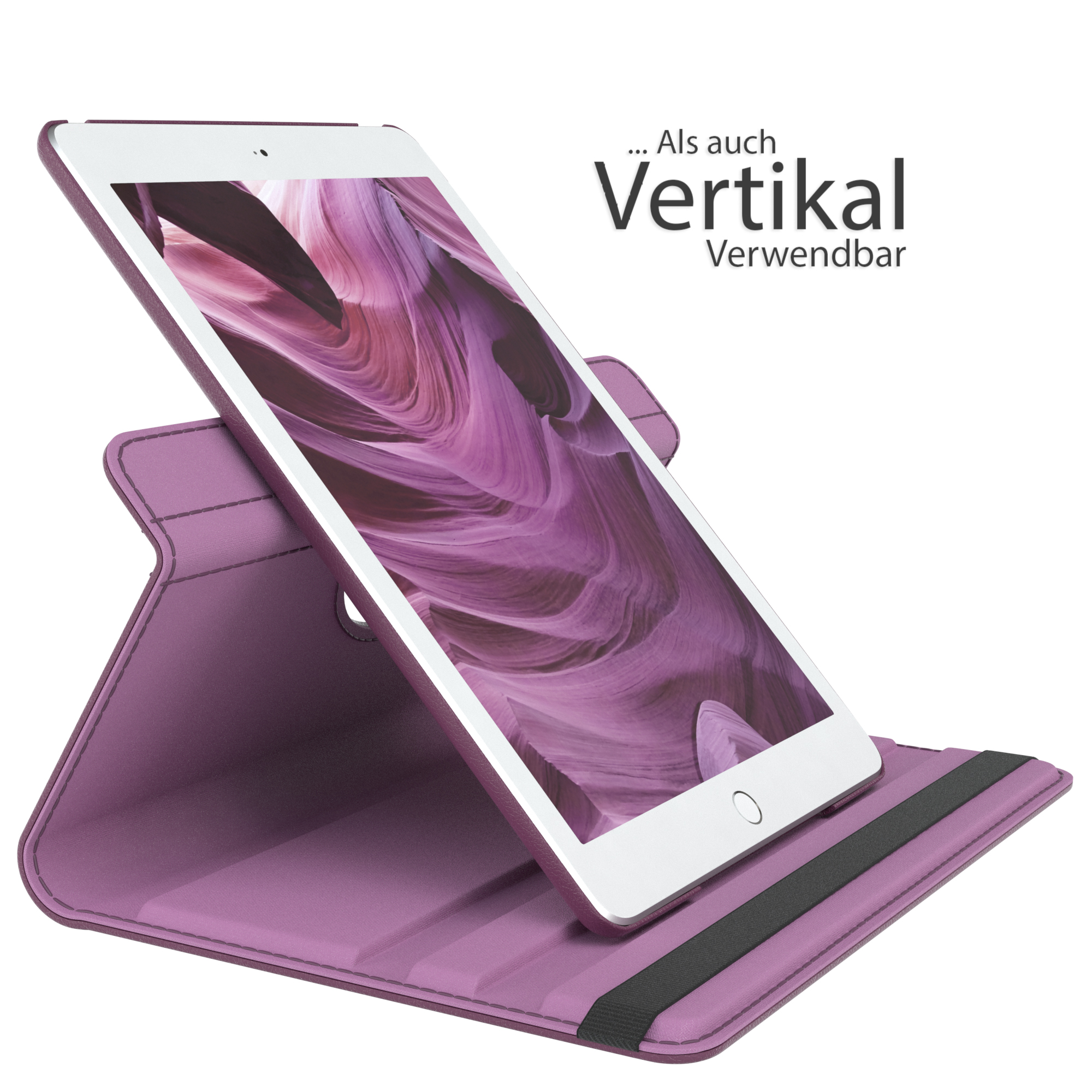 Tablet in einer lila Hülle, aufgestellt. Die Hülle ist offen, mit einem weißen Tablet.