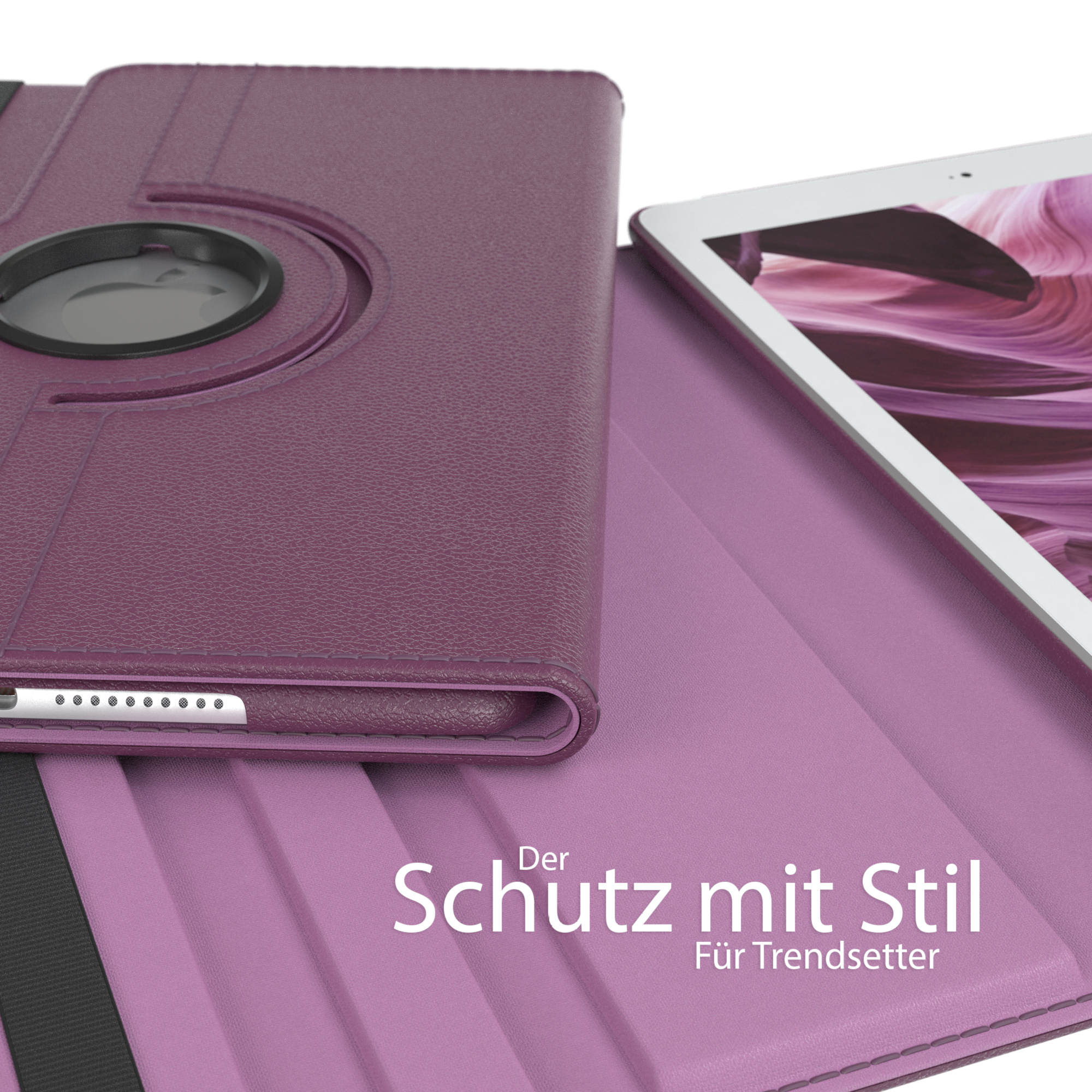 Lila Tablet-Hülle, offen, um ein Tablet zu zeigen. Text: 'Schutz mit Stil für Trendsetter'.