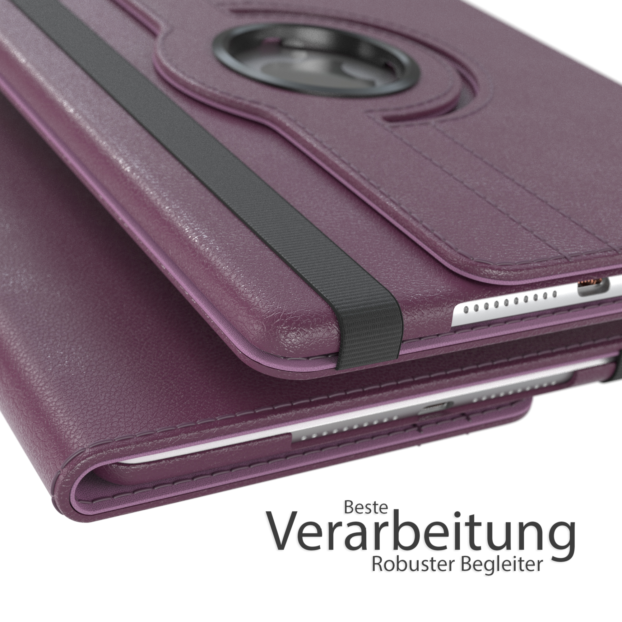 Lila Tablet-Hülle, geöffnet, um das Tablet zu zeigen. Schwarzer Riemen und strukturierte Oberfläche sichtbar.