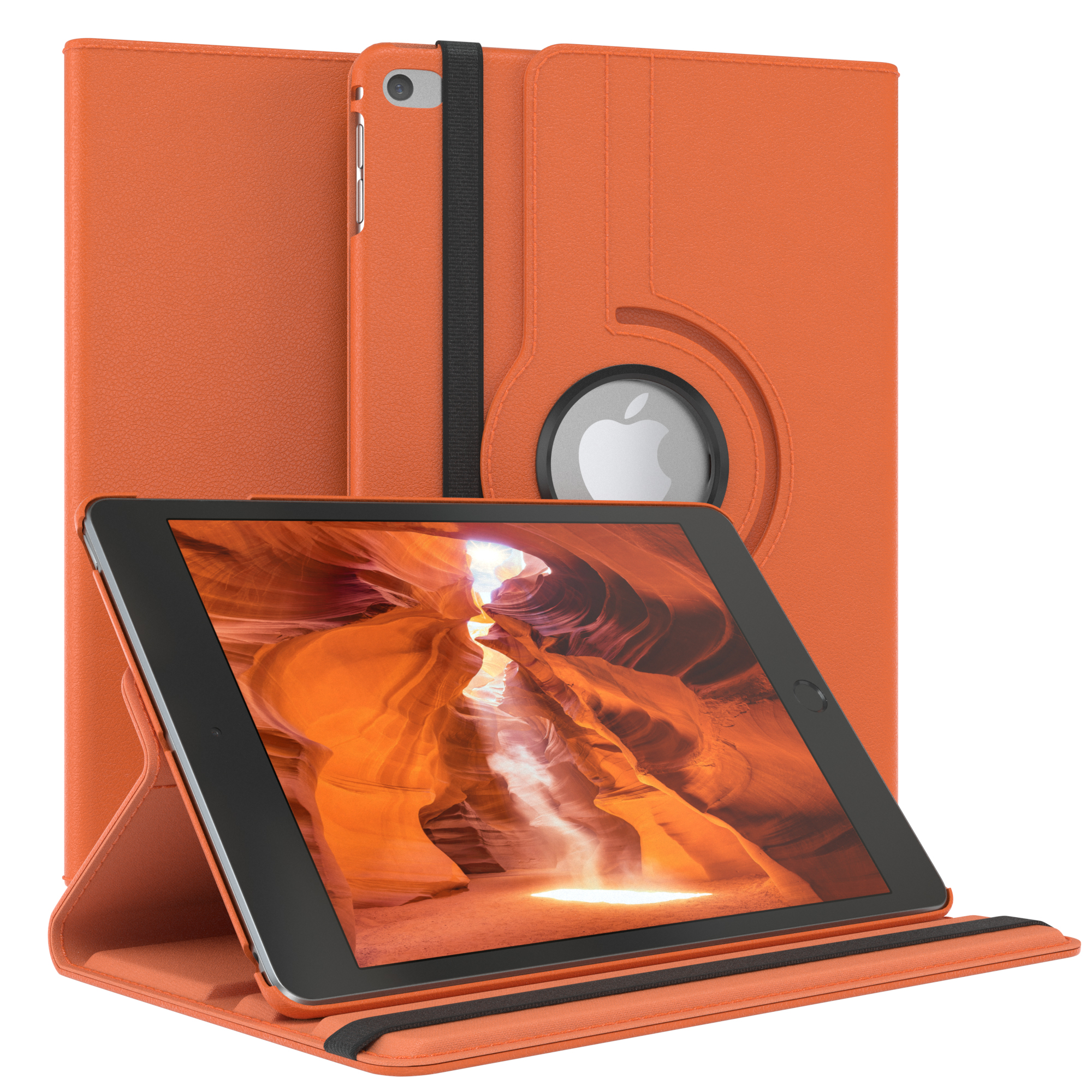 Orangene Tablethülle mit Tablet, das ein Canyon-Bild zeigt. Dahinter eine weitere geschlossene Hülle.
