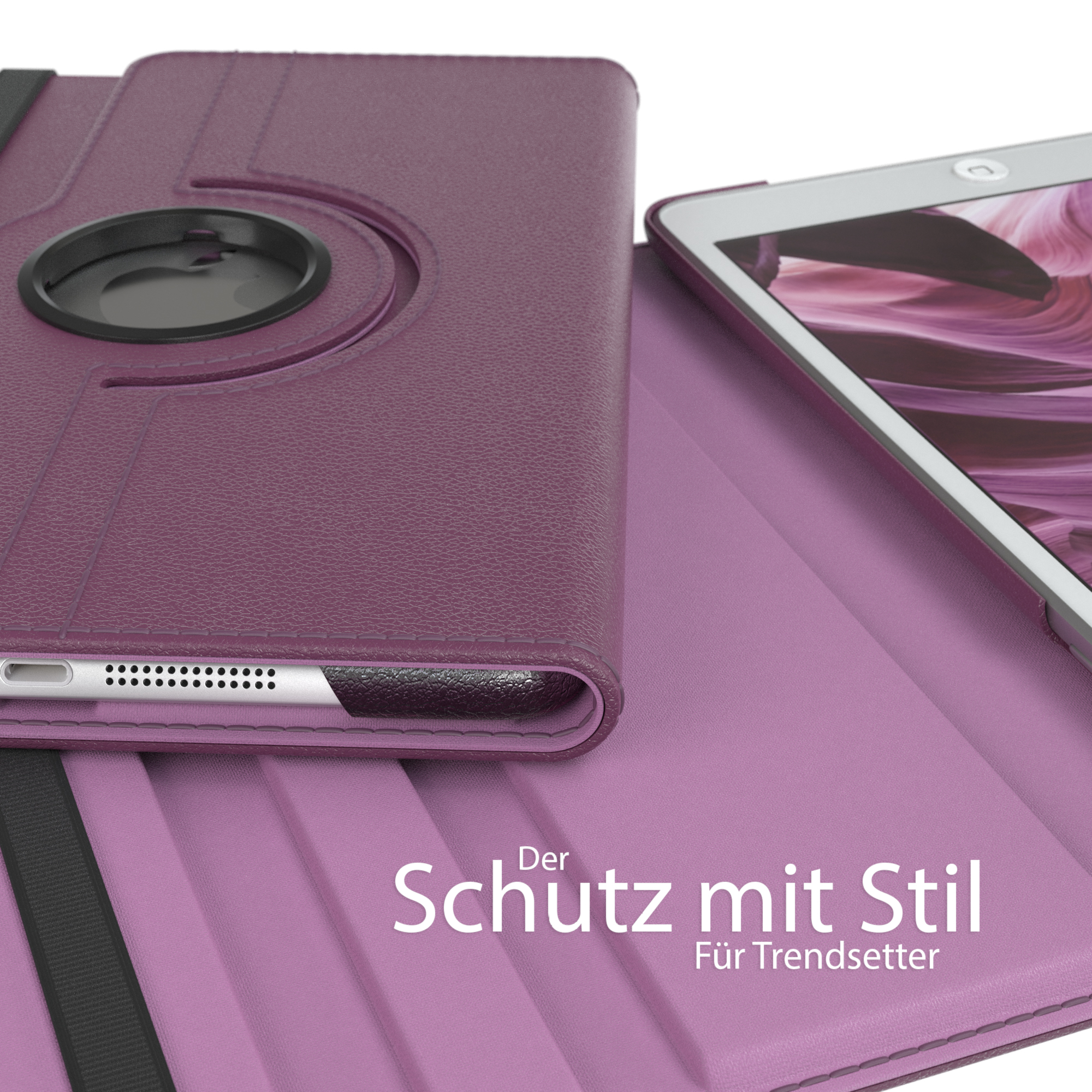 Lila Tablethülle mit Drehstand. Ein Tablet ist teilweise sichtbar.