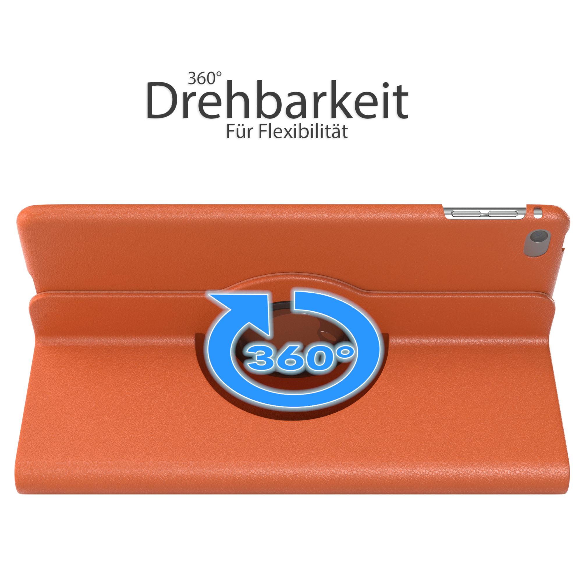 Tablet in einer orangefarbenen Hülle, die sich um 360 Grad dreht, mit Text.