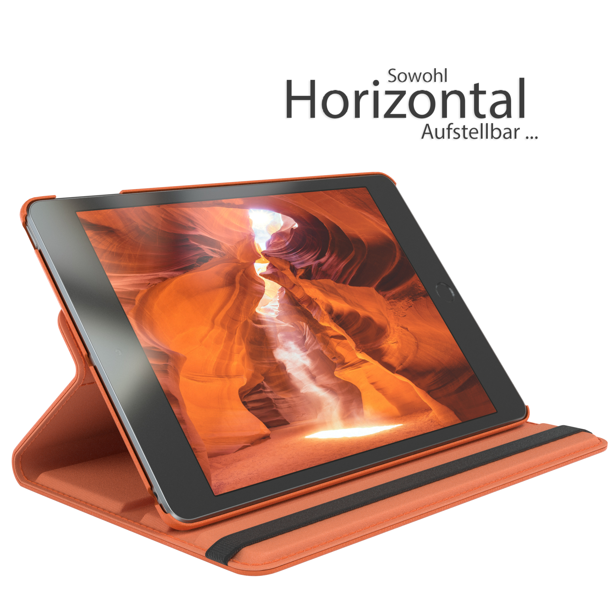 Orange Tablethülle mit Tablet, aufgeklappt. Text oben: Sowohl horizontal.