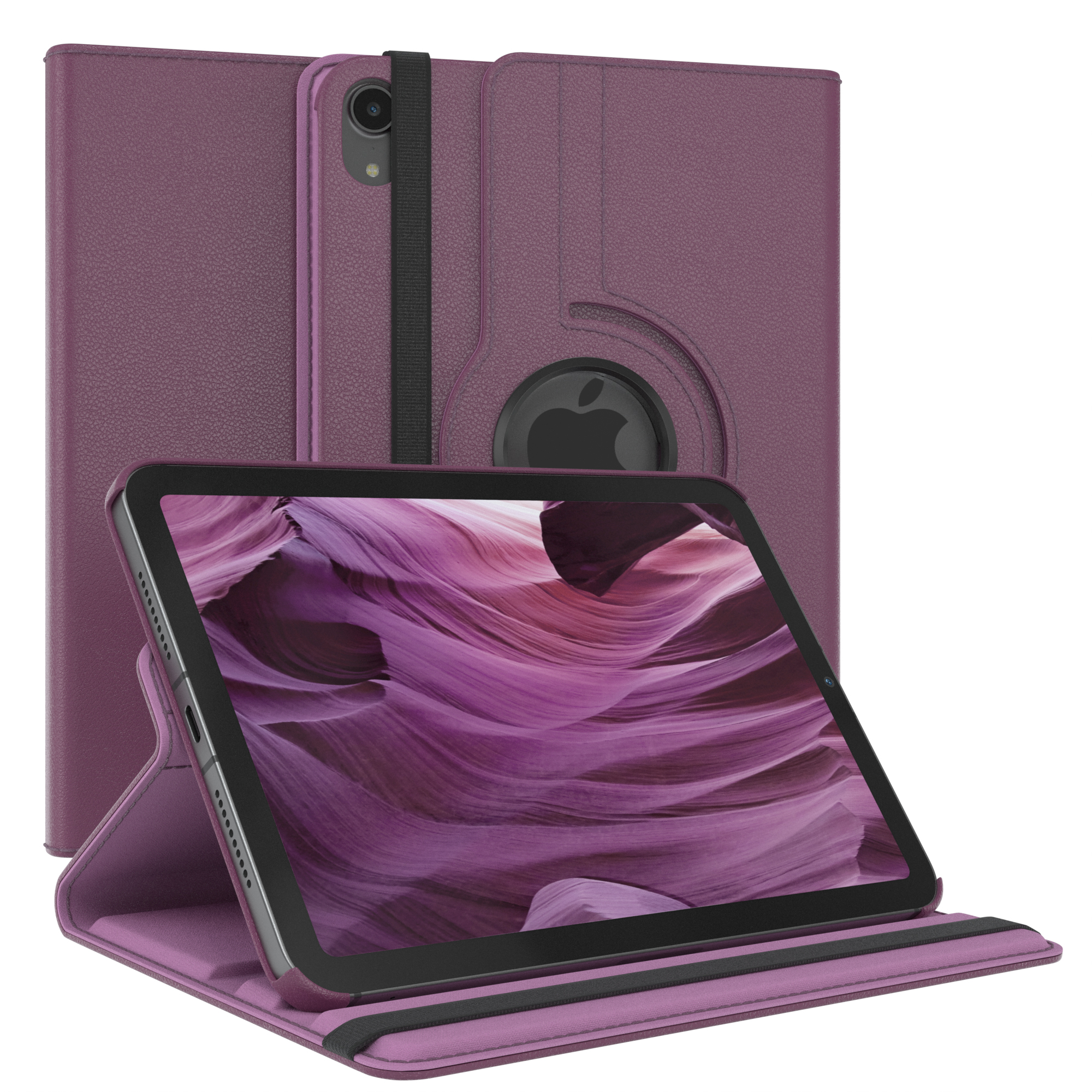 Lila Tablet in Hülle. Der Bildschirm zeigt ein lila abstraktes Muster. Die Hülle ist geschlossen und offen.