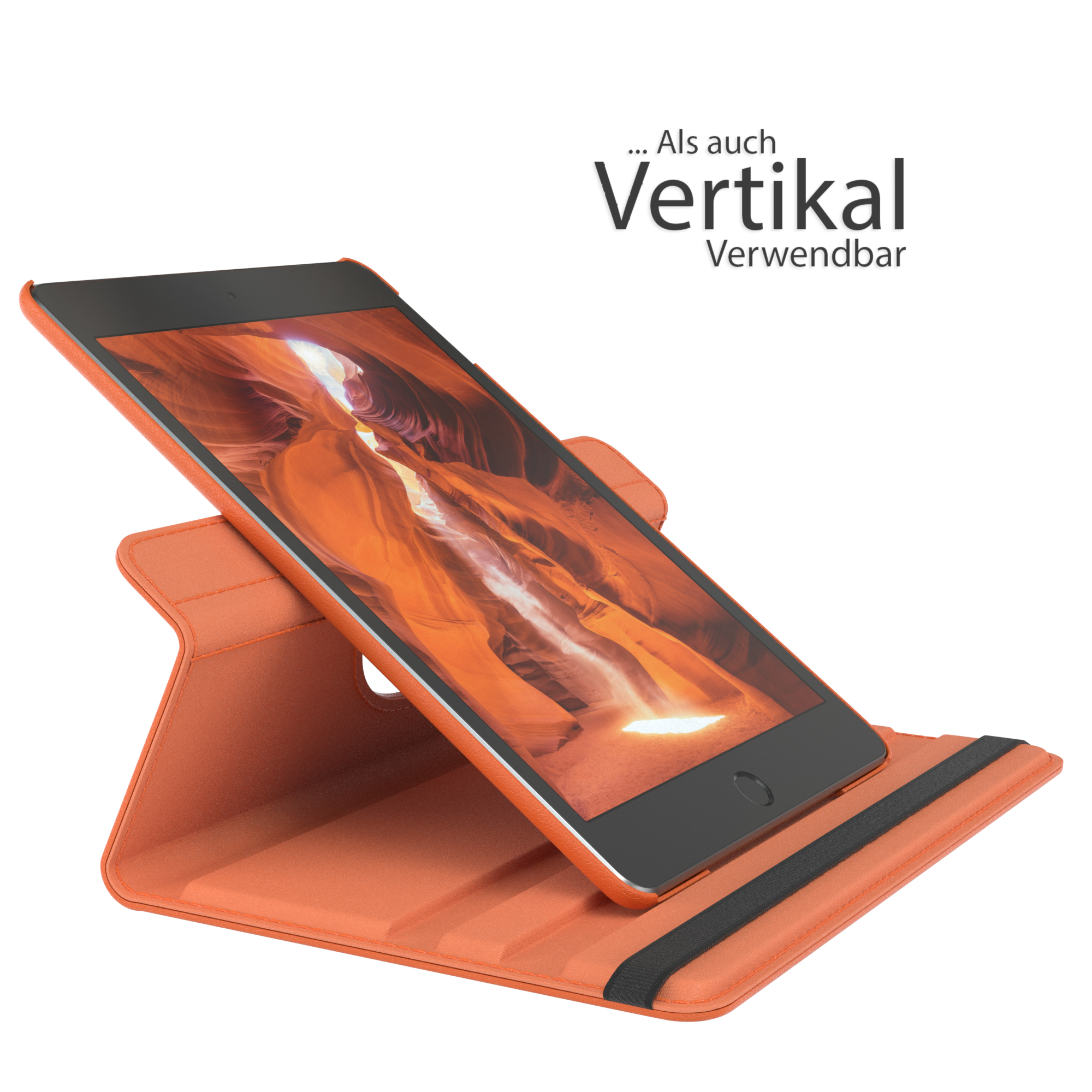 Orange Tablet-Hülle offen, mit Tablet, zum Betrachten aufgestellt.