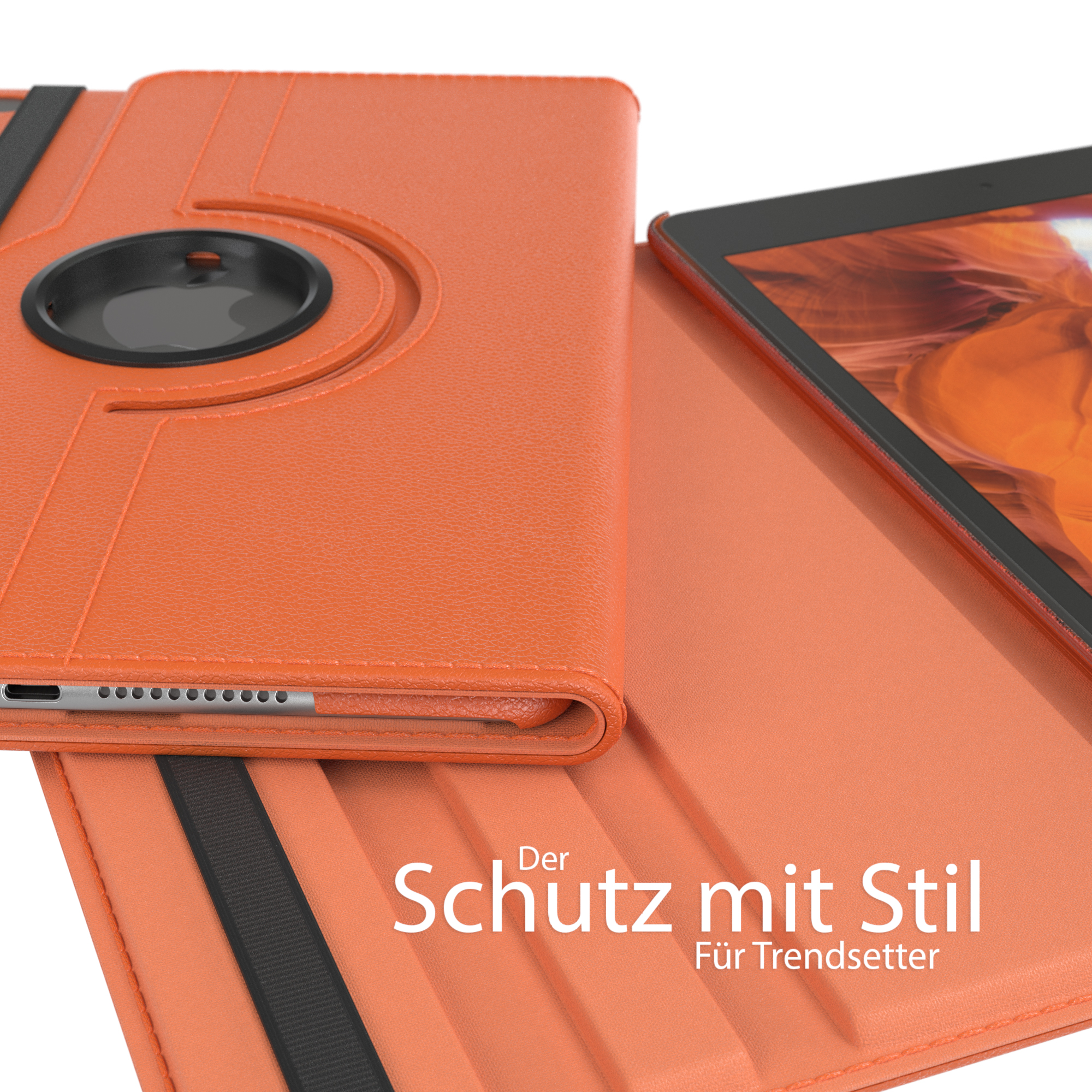 Tablet in einer orangefarbenen Hülle mit Text auf weißem Hintergrund.