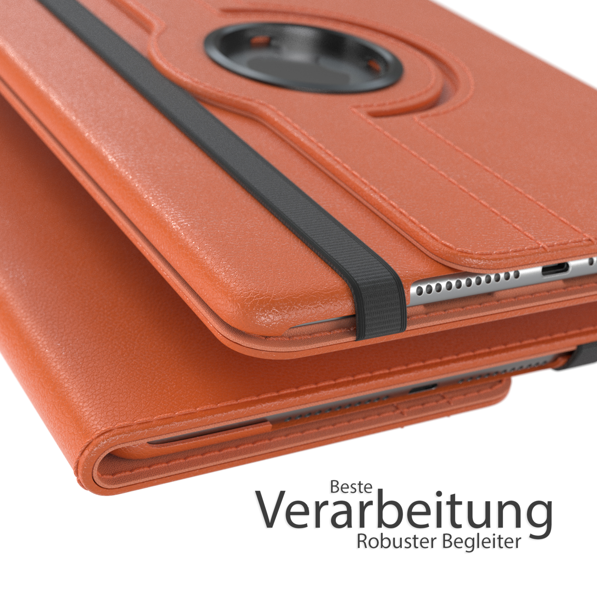 Orangefarbene Tablethülle mit einem schwarzen Gummiband. Die Hülle ist geschlossen. Weißer Hintergrund.