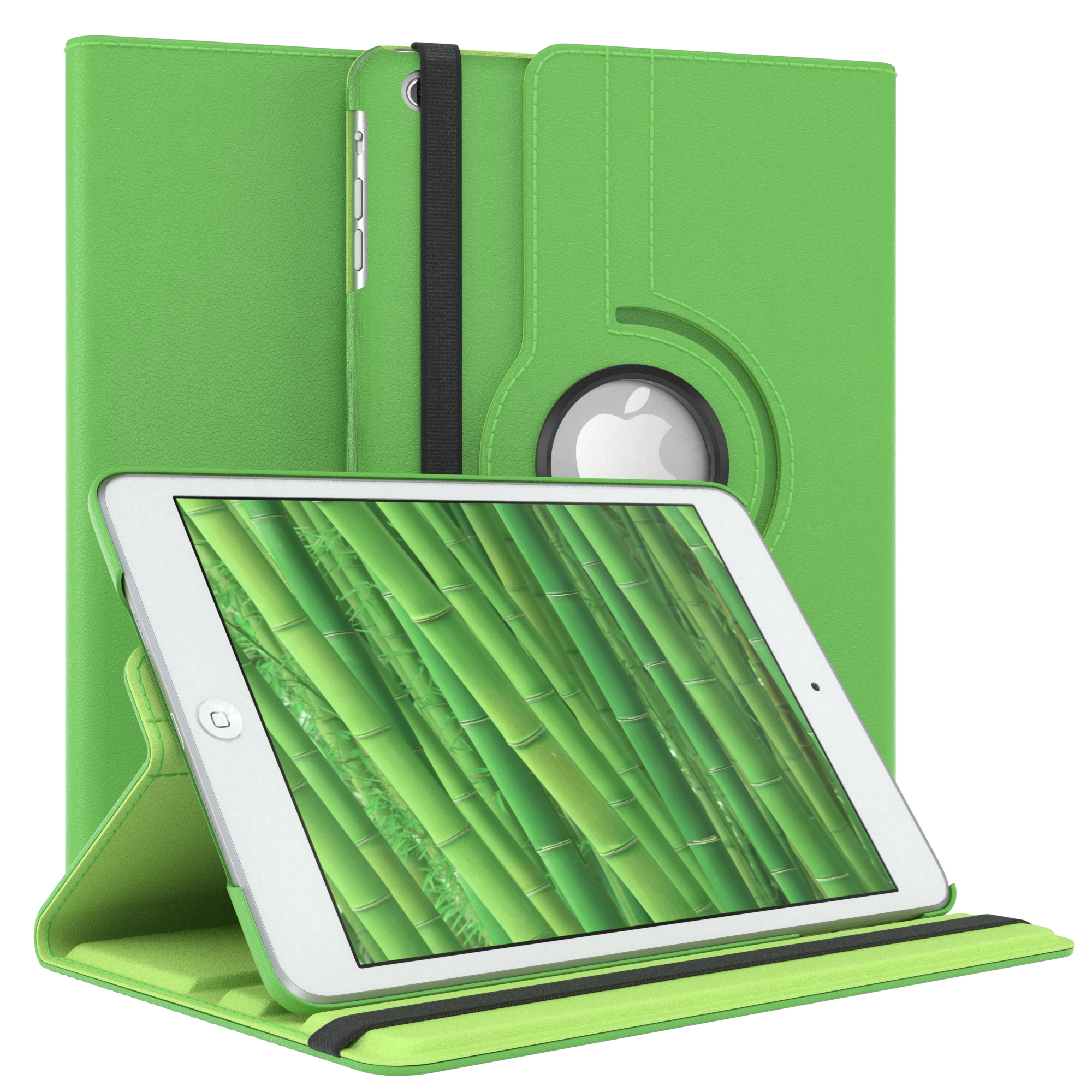 Grünes Tablet in einer grünen Hülle, zeigt ein Bambuswaldbild auf dem Bildschirm.