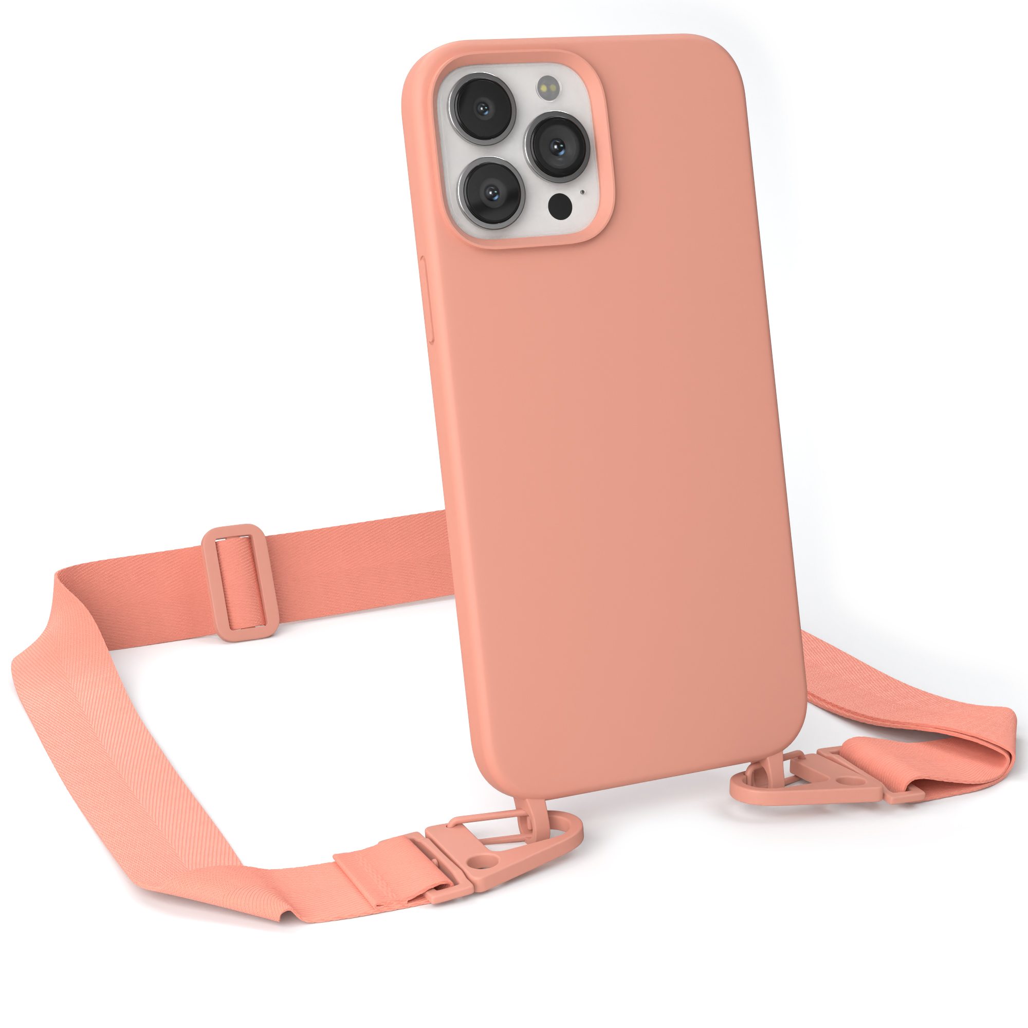 Rosa Handyhülle mit Riemen. Telefon ist in der Hülle. Weißer Hintergrund.