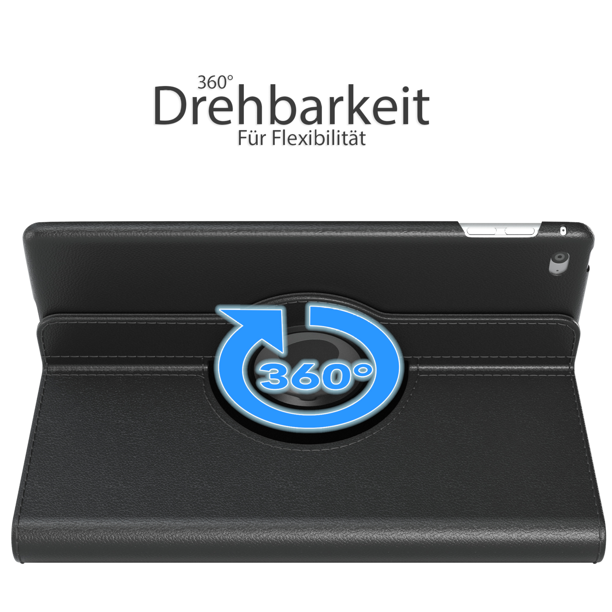 Eine schwarze Tablethülle, offen, mit blauem 360°-Logo. Die Hülle ist auf weißem Hintergrund.