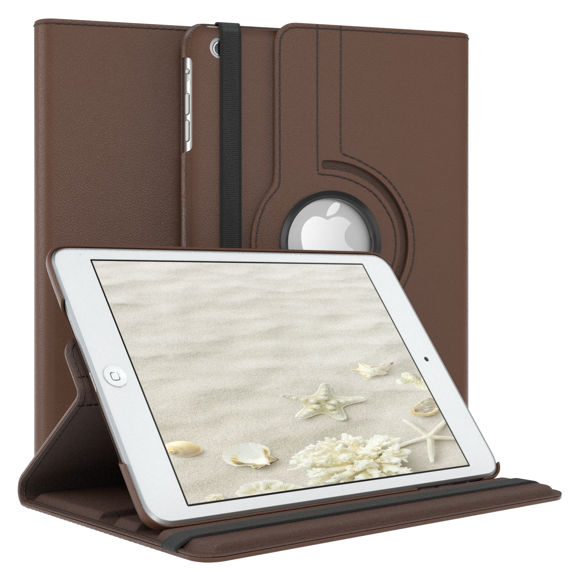 Braunes Tablet in einer Hülle mit einer Strandszene auf dem Bildschirm. Die Hülle ist auch braun.