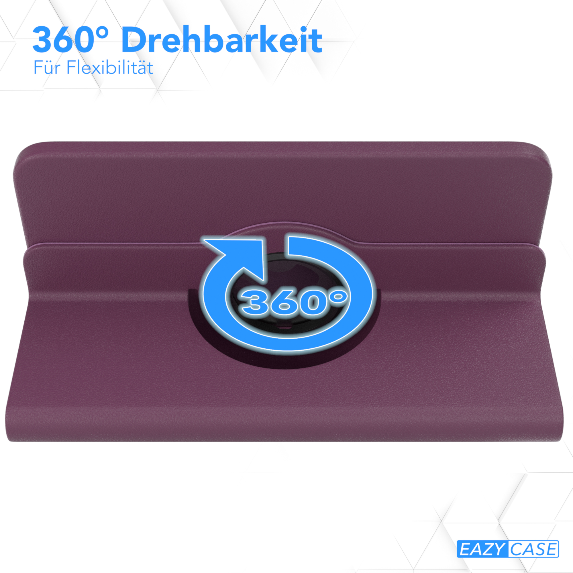 Lila Tablet-Hülle mit 360-Grad-Drehsymbol.