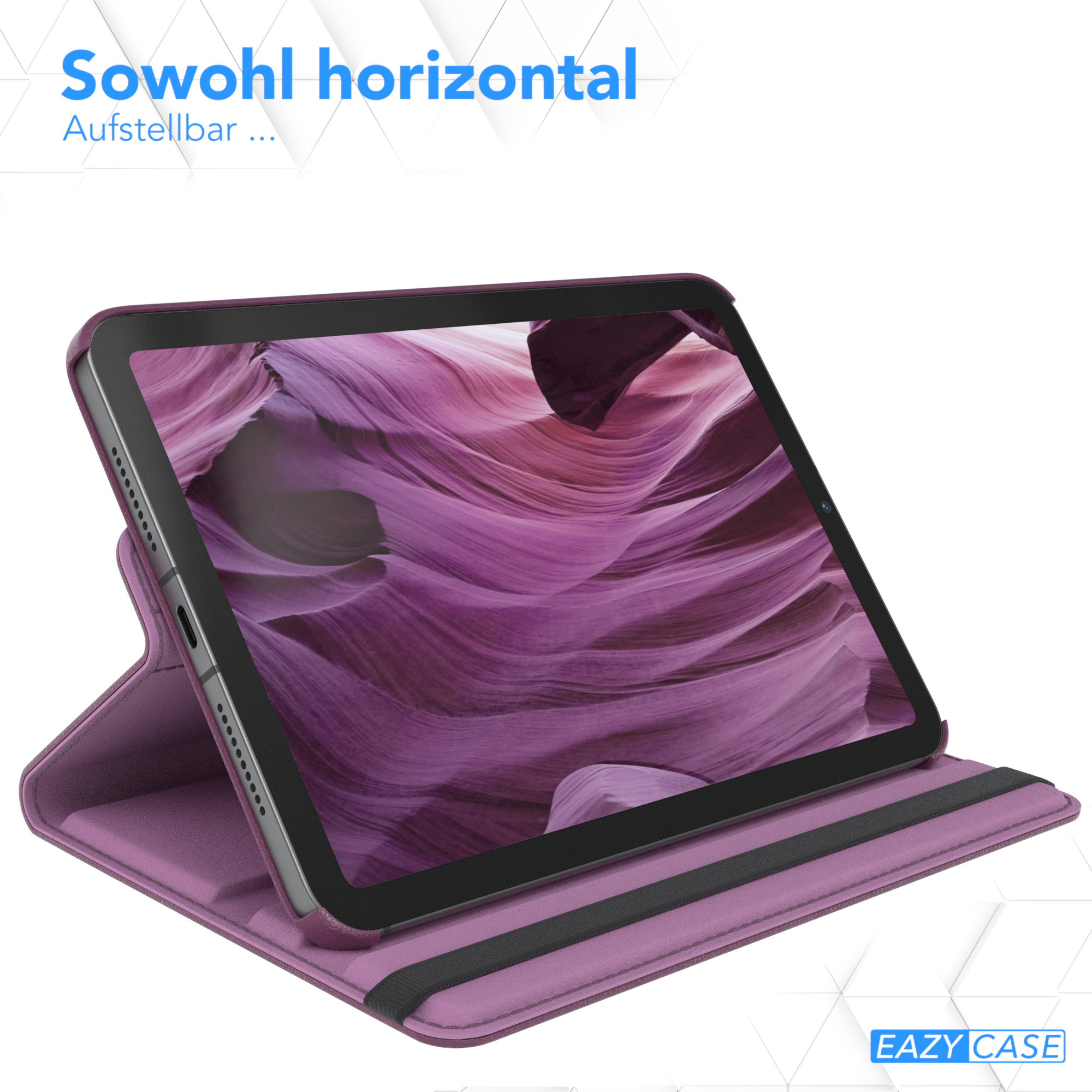 Lila Tablet im Ständer. Text: Horizontal verwendbar.