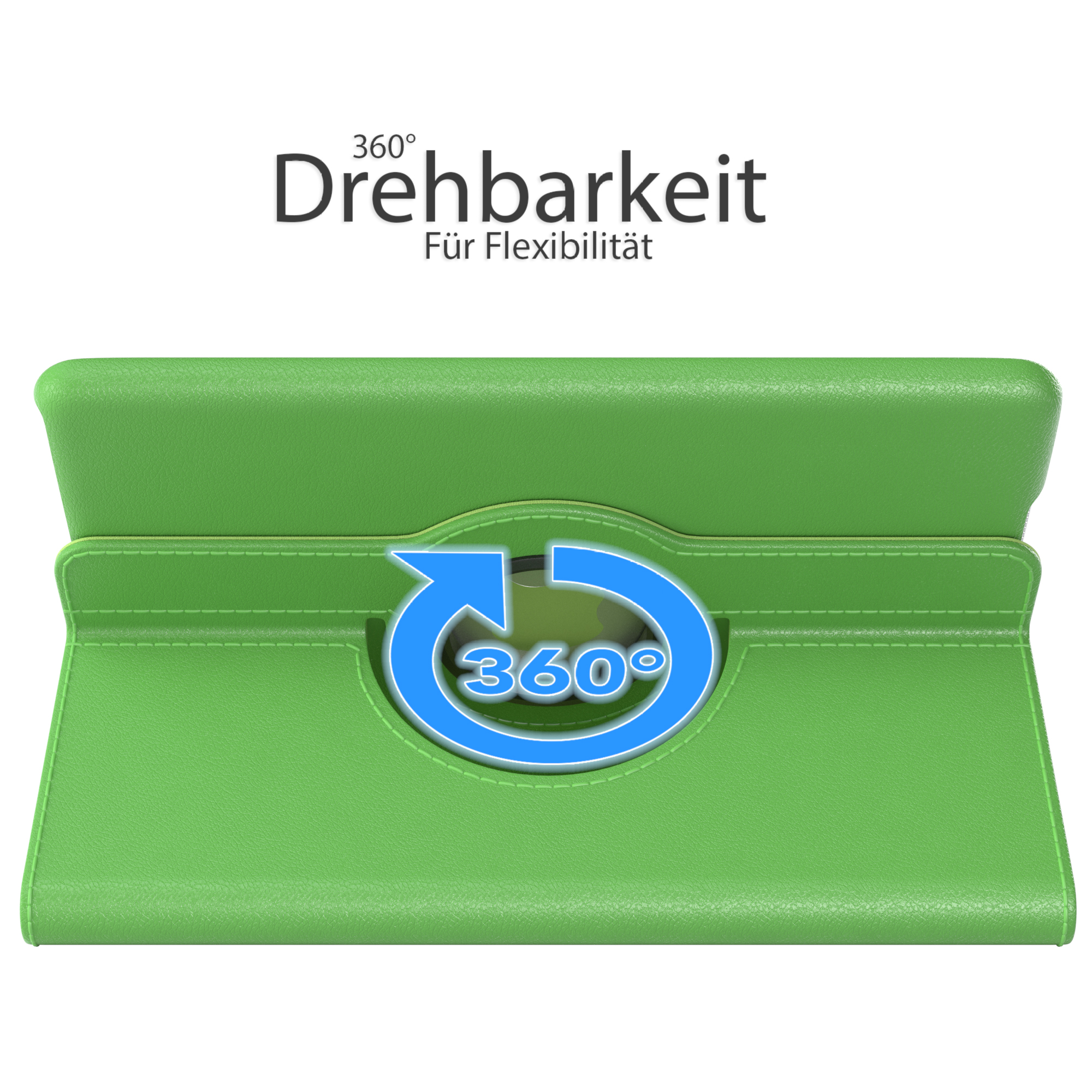 Grüne Tablethülle mit Drehmechanismus und blauem 360-Grad-Pfeil-Grafik.