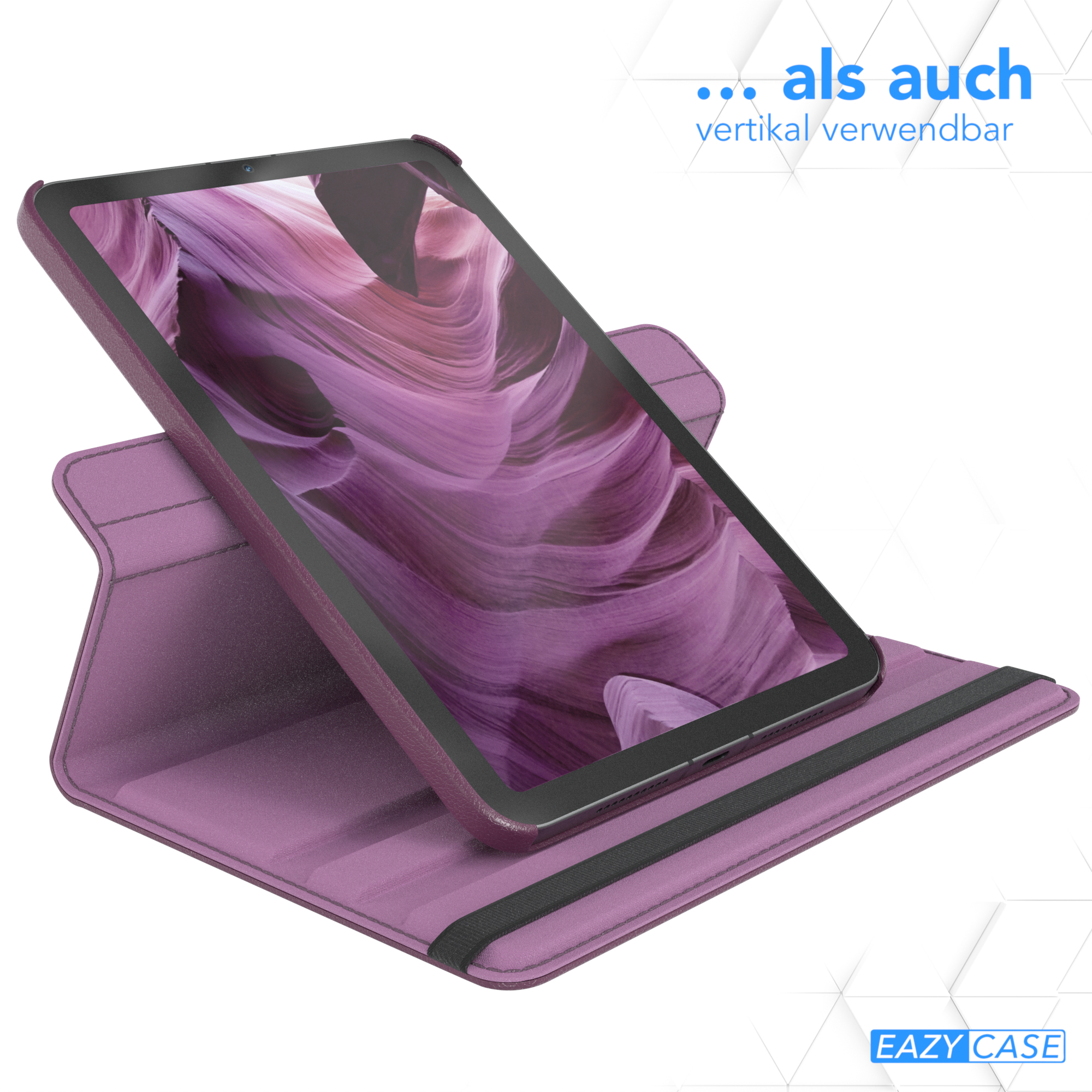 Lila Tablettasche mit aufrechtem Tablet. Text auf Deutsch. Hintergrund: lila Oberfläche.