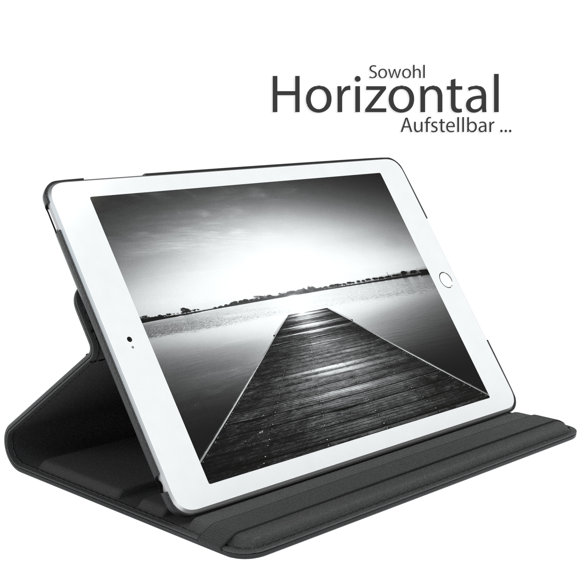 Tablet in schwarzer Hülle. Text: 'Sowohl horizontal'.