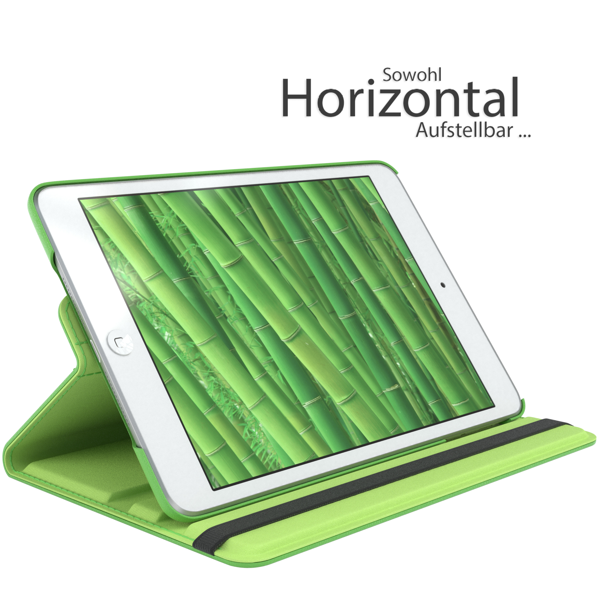 Tablet in einer grünen Hülle. Der Bildschirm zeigt grüne Bambusstängel. Der Text lautet 'Horizontal' auf Deutsch.