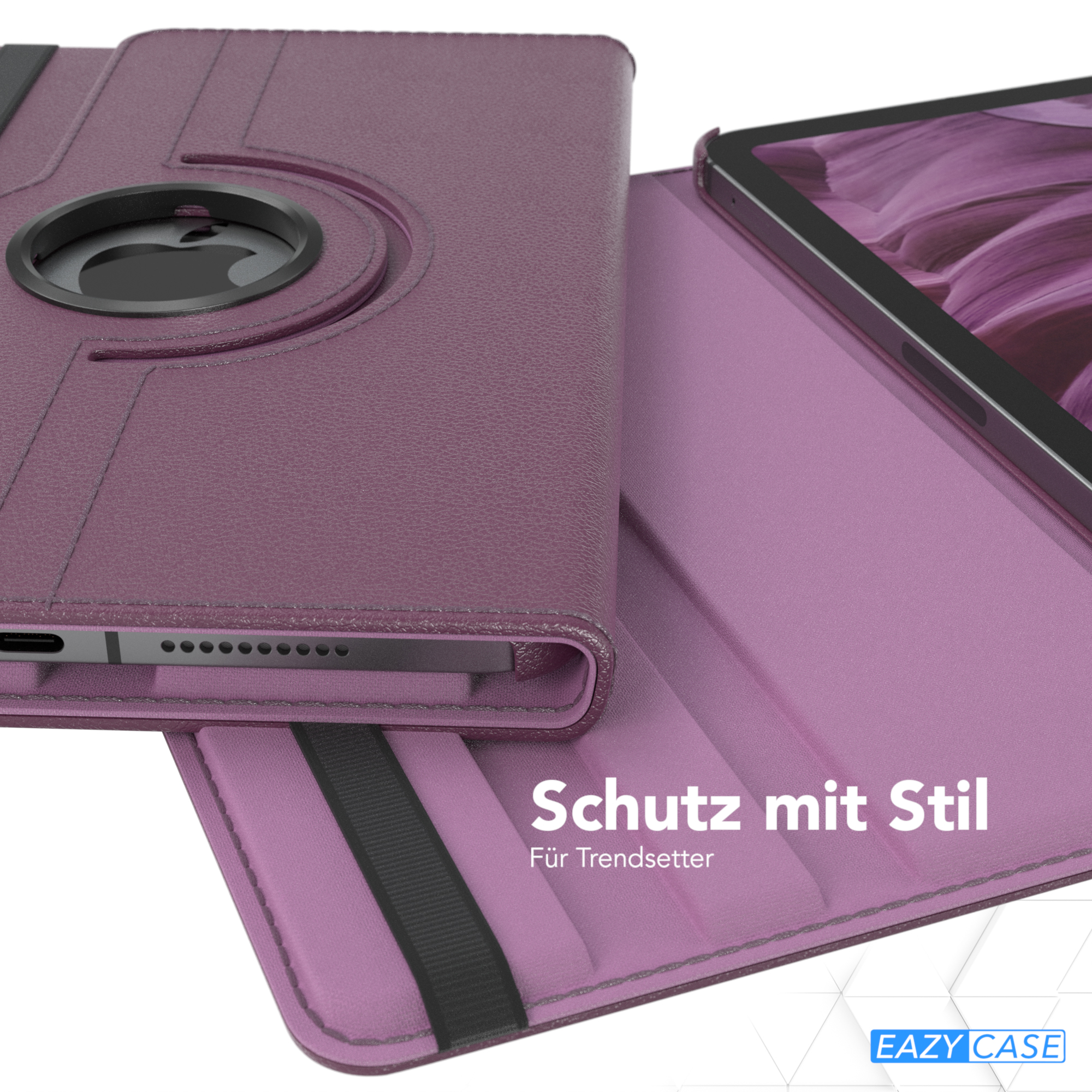 Tablet in lila Hülle, mit schwarzem Band. Die Hülle ist offen und zeigt ein Apple-Logo.