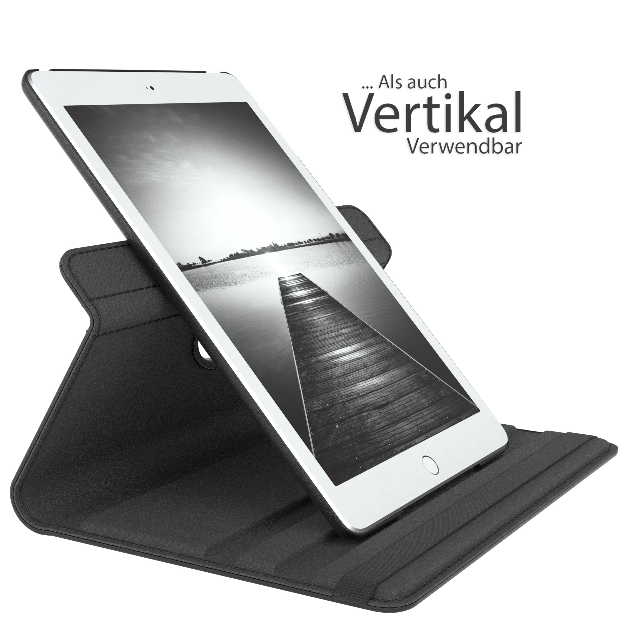 Ein schwarzes Tablet in einer schwarzen Hülle wird vertikal angezeigt und zeigt eine Stegszene.