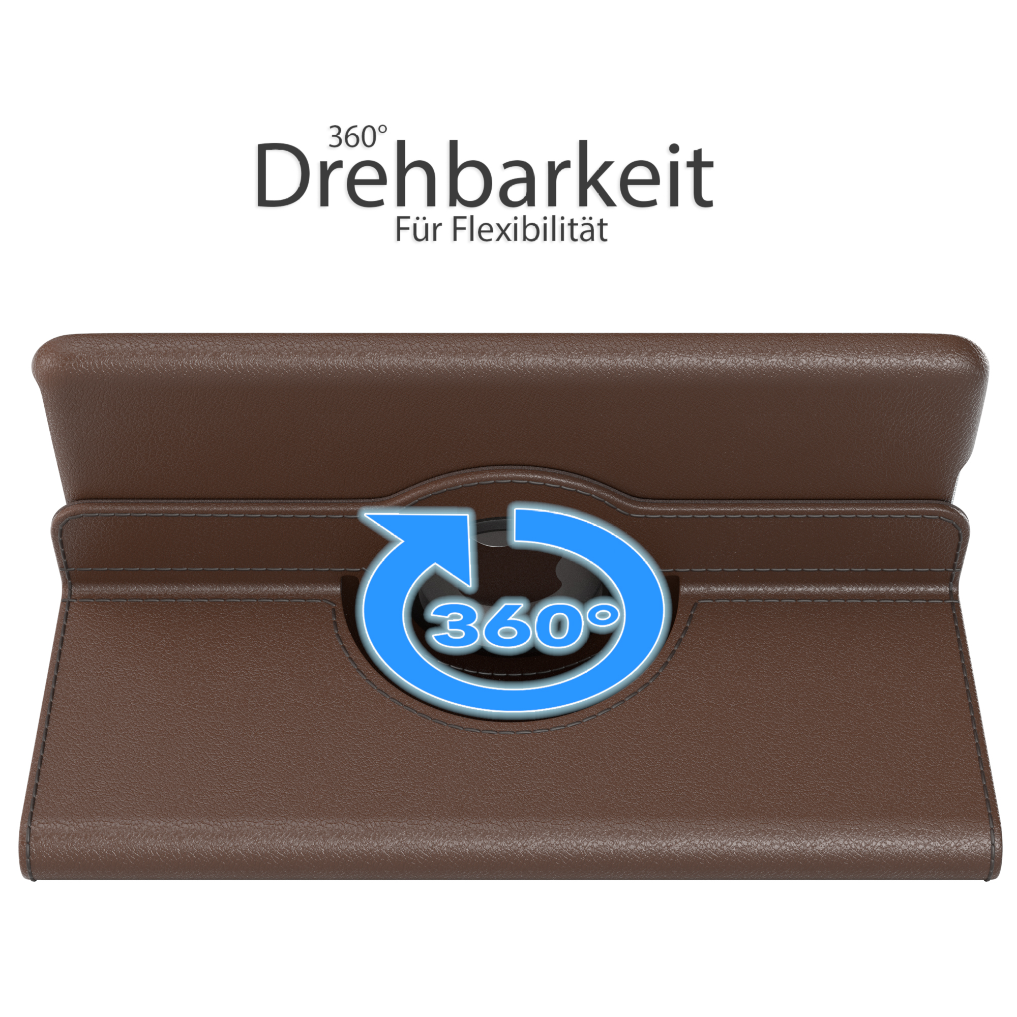 Braune Tablet-Hülle. 360-Grad-Rotationslogo. Weißer Hintergrund.