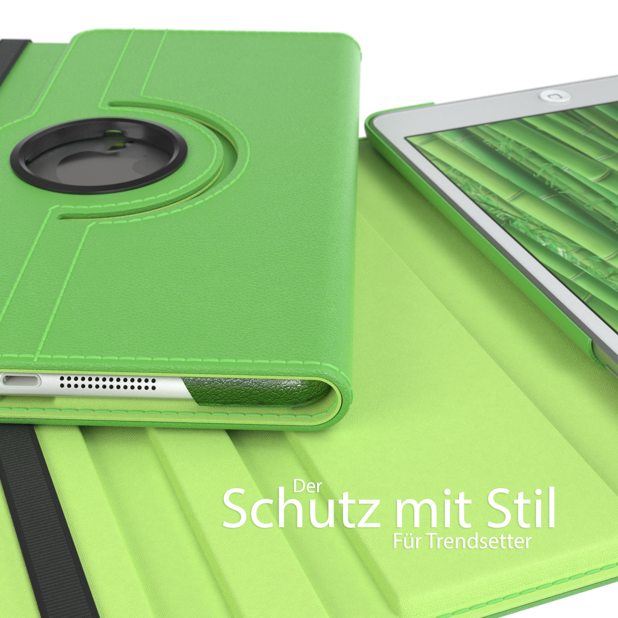Eine grüne Tablethülle mit einem grünen Tablet. Text: 'Schutz mit Stil'.