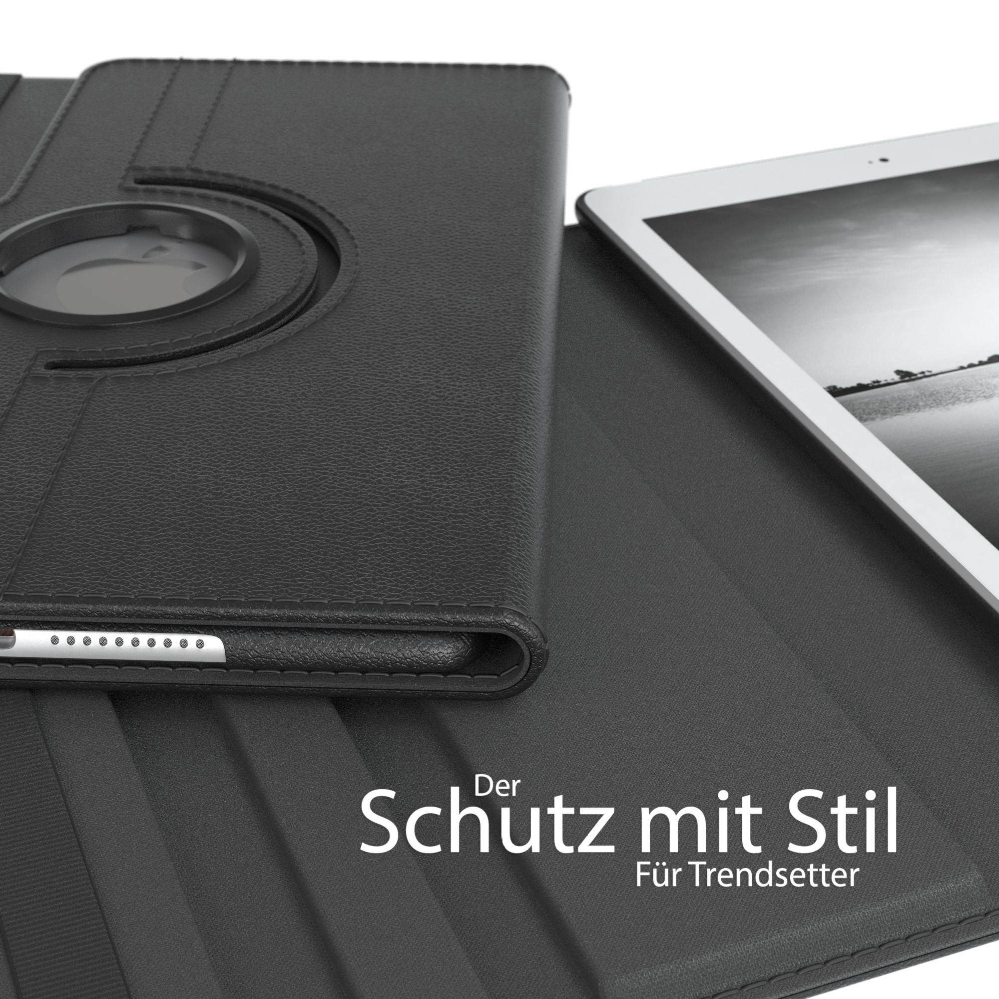 Schwarzes Tablet in schwarzer Hülle, Seitenansicht, mit Text und schwarzer Lederstruktur.