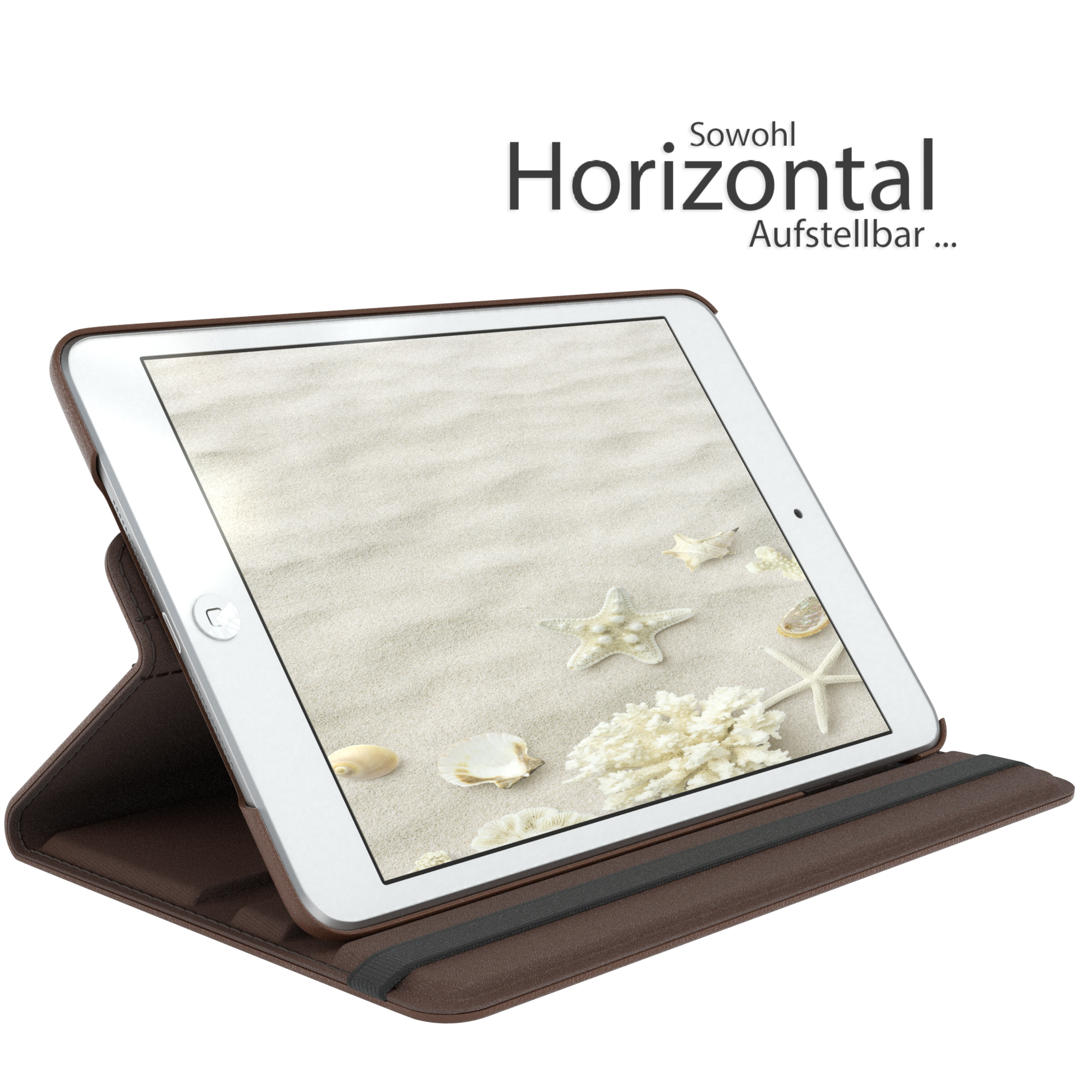 Offenes Tablet mit Strandhintergrund. Braune Hülle, schwarzer Riemen und weißes Tablet. Text: Horizontal Aufstellbar...