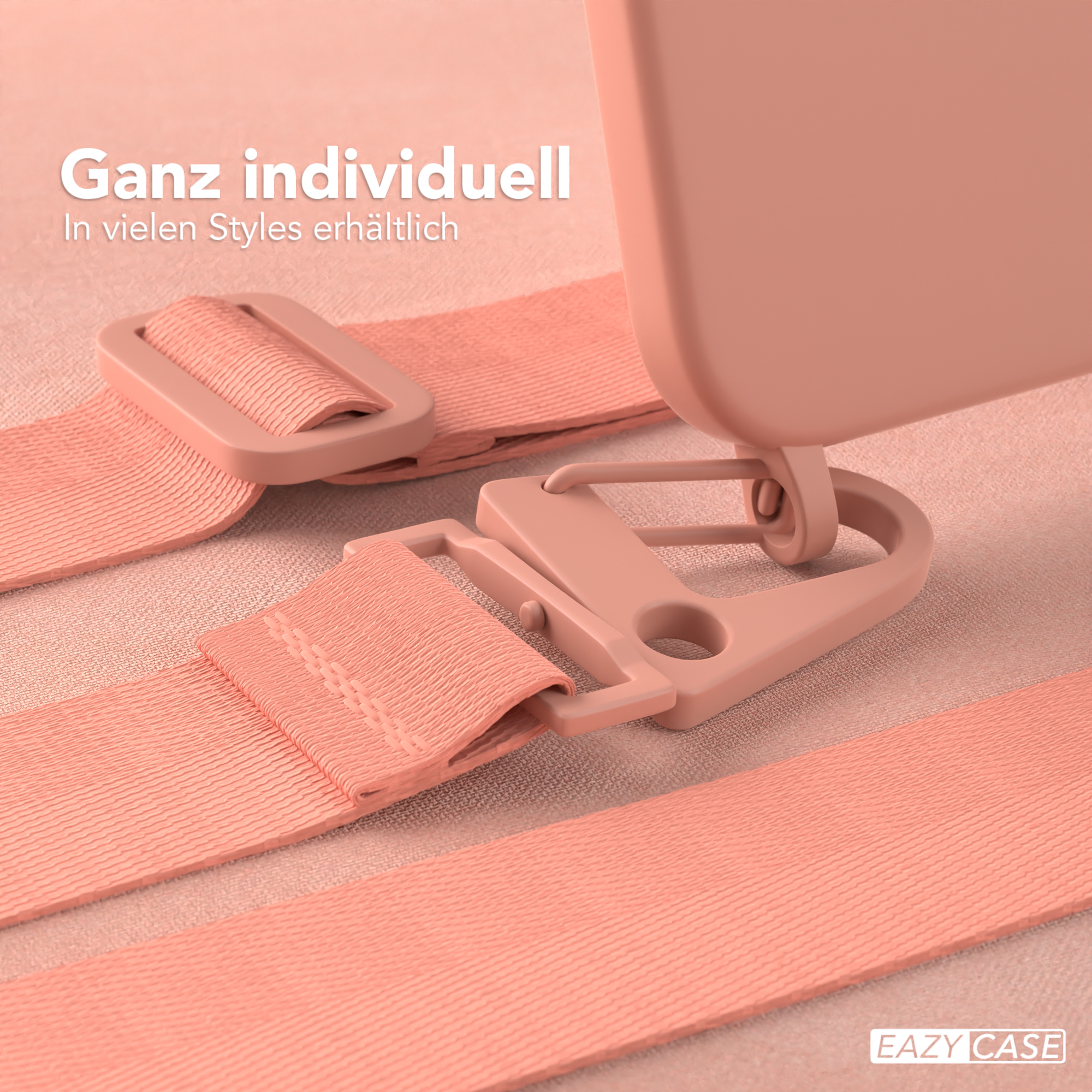 Nahaufnahme einer Handyhülle und -riemen. Die Hülle und die Riemen sind rosa.