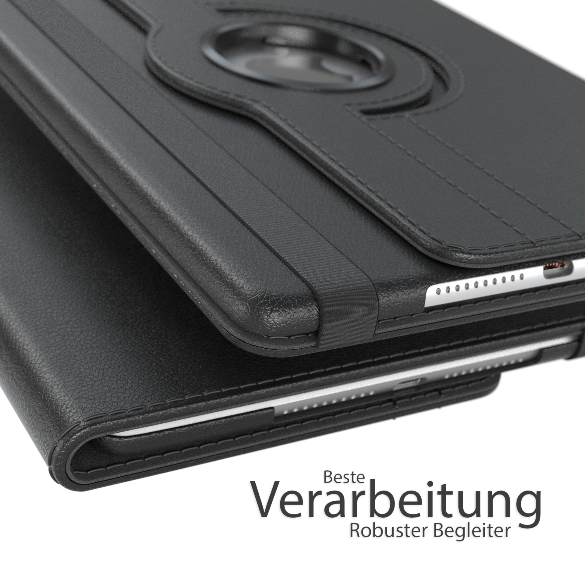 Schwarze Ledertasche mit Klappe und kreisförmigem Ausschnitt, beschriftet mit 'Verarbeitung'.