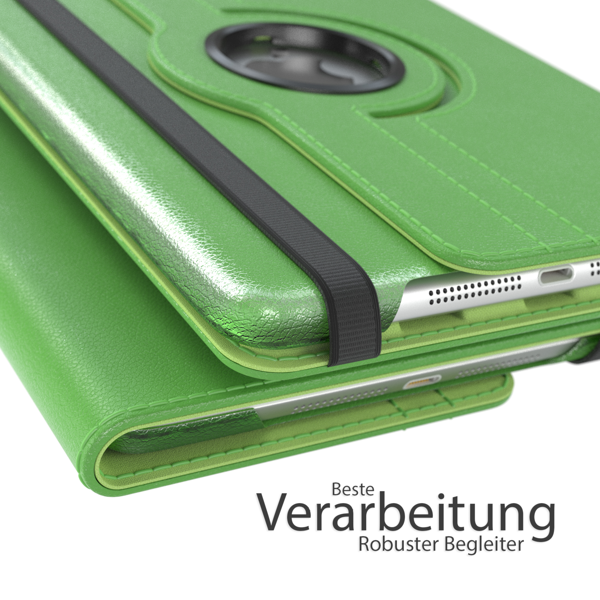 Eine grüne Tablet-Hülle. Das Tablet befindet sich in der geöffneten Hülle. Text: "Beste Verarbeitung".