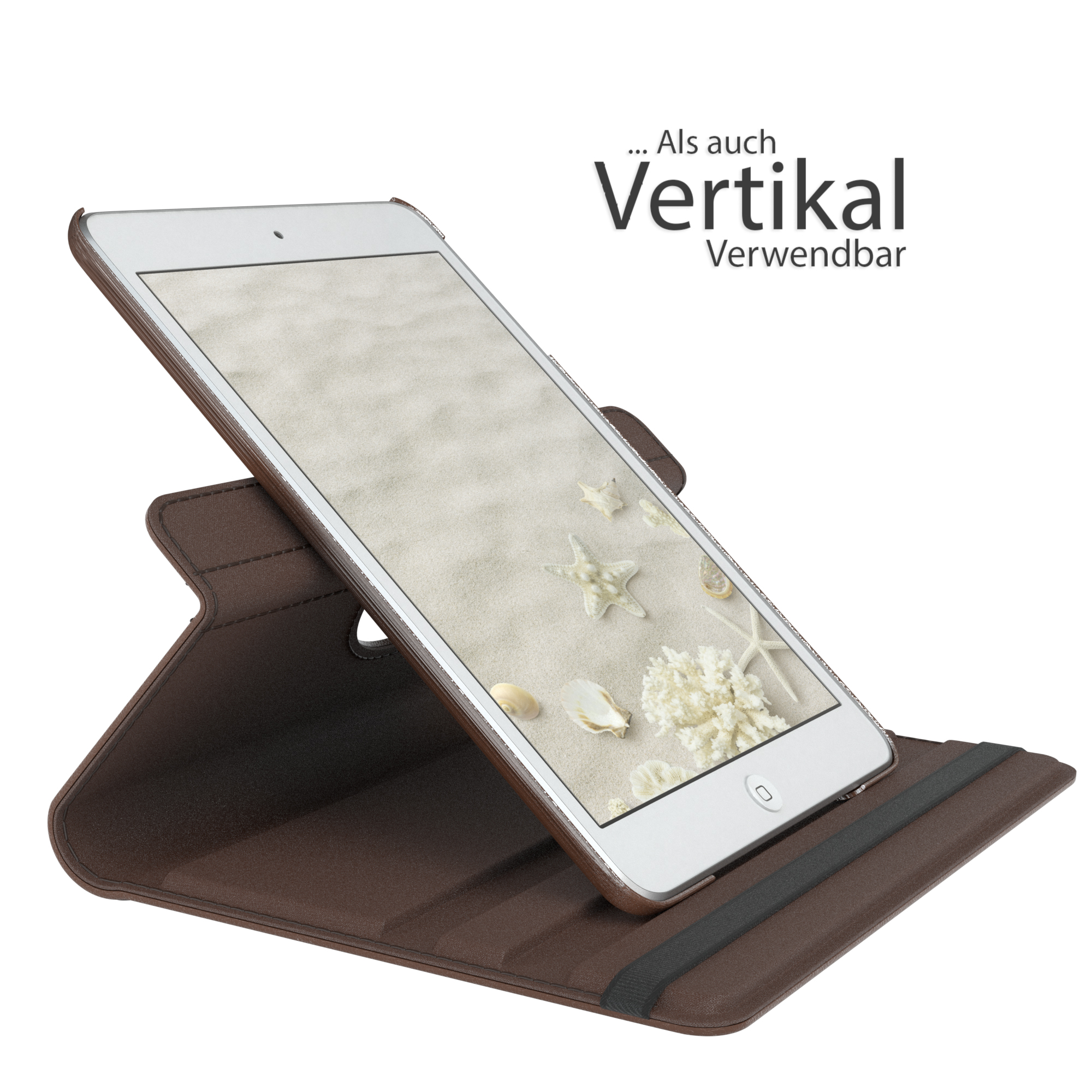 Tablet in brauner Hülle, zum Betrachten aufgestellt. Display zeigt eine Strandszene.