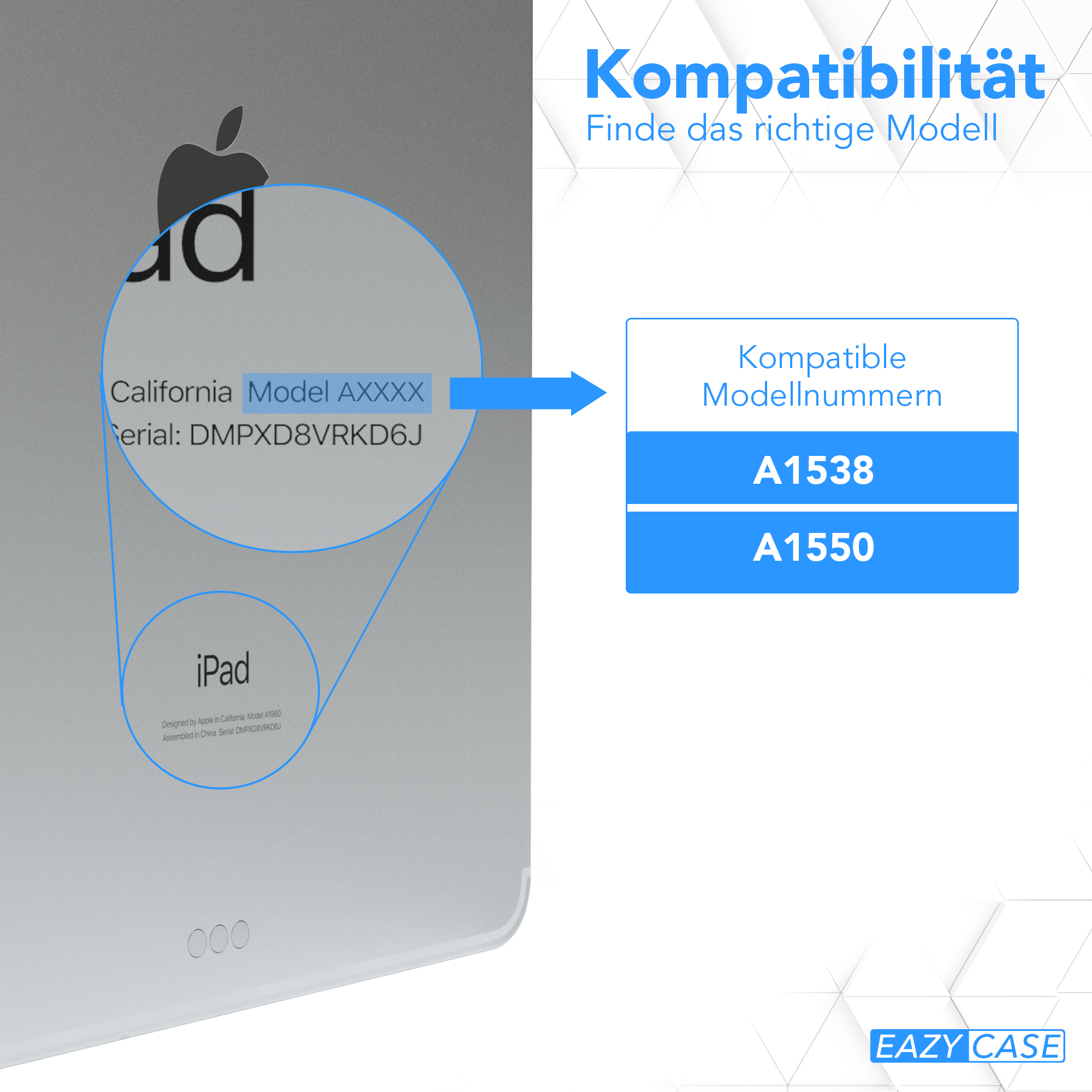 Ein iPad mit Modell- und Serieninformationen sowie den kompatiblen Modellnummern A1538 und A1550.