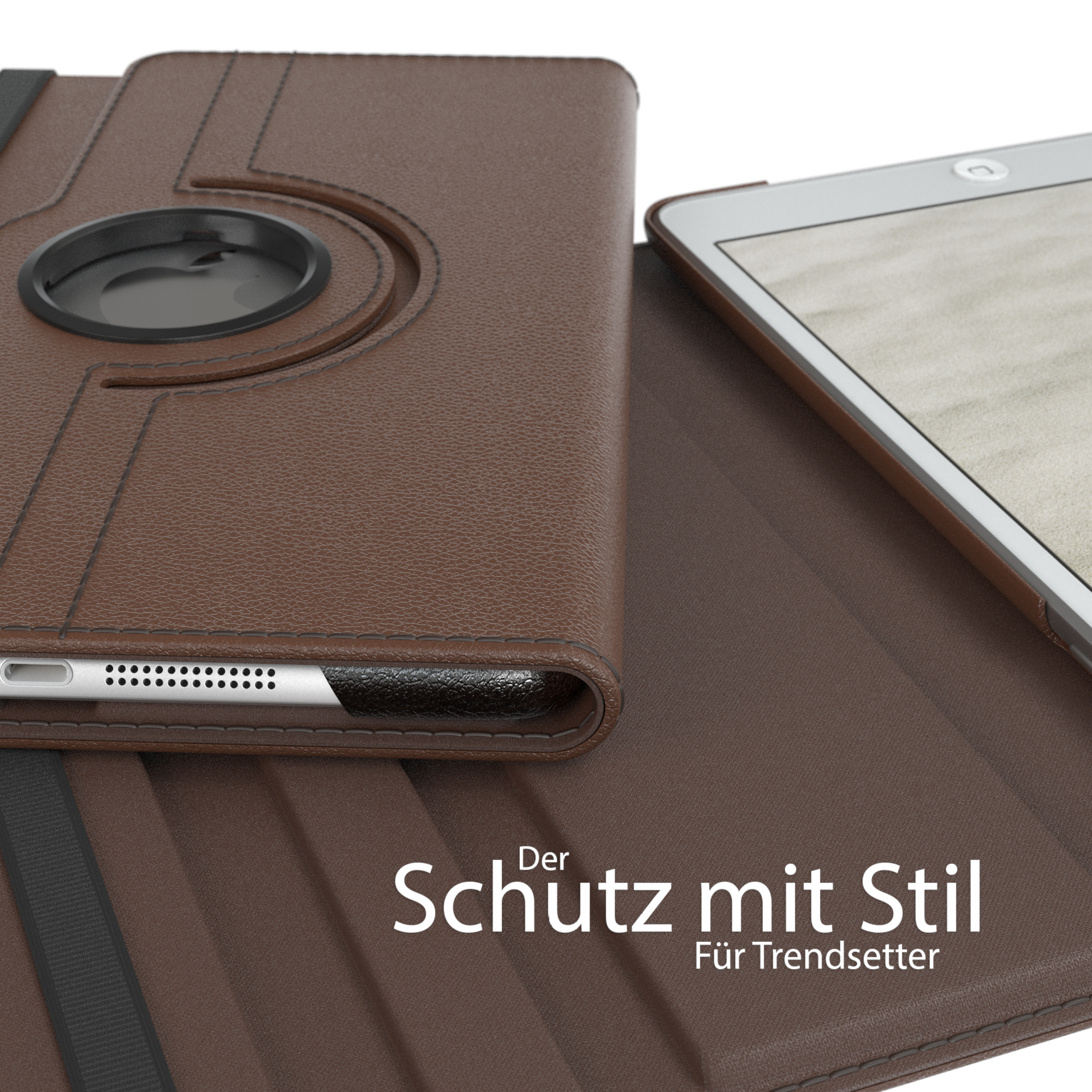 Braune Tablethülle mit Tablet und dem Text „Schutz mit Stil“.
