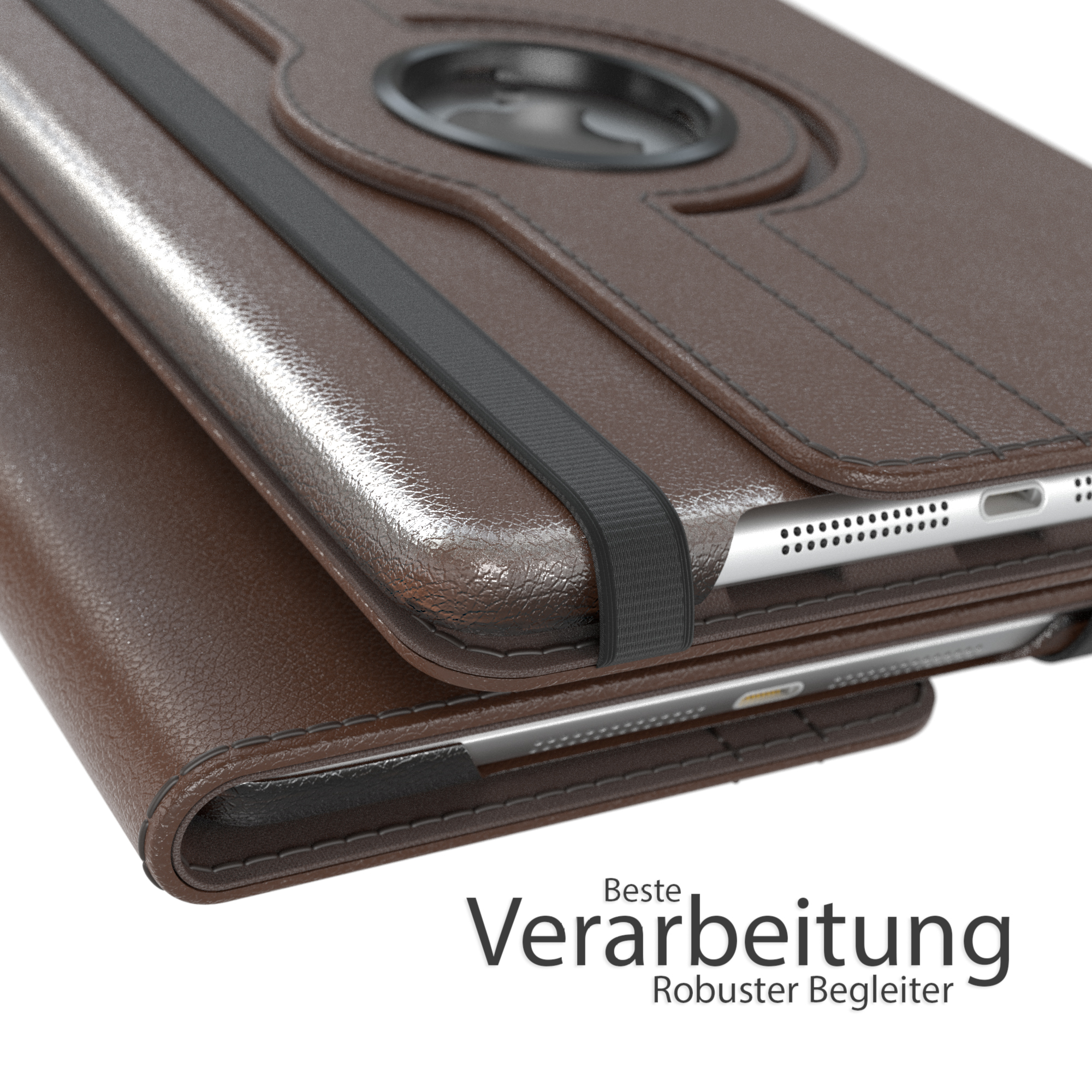 Braune Leder-Tablethülle mit schwarzem Band. Deutscher Text unten.