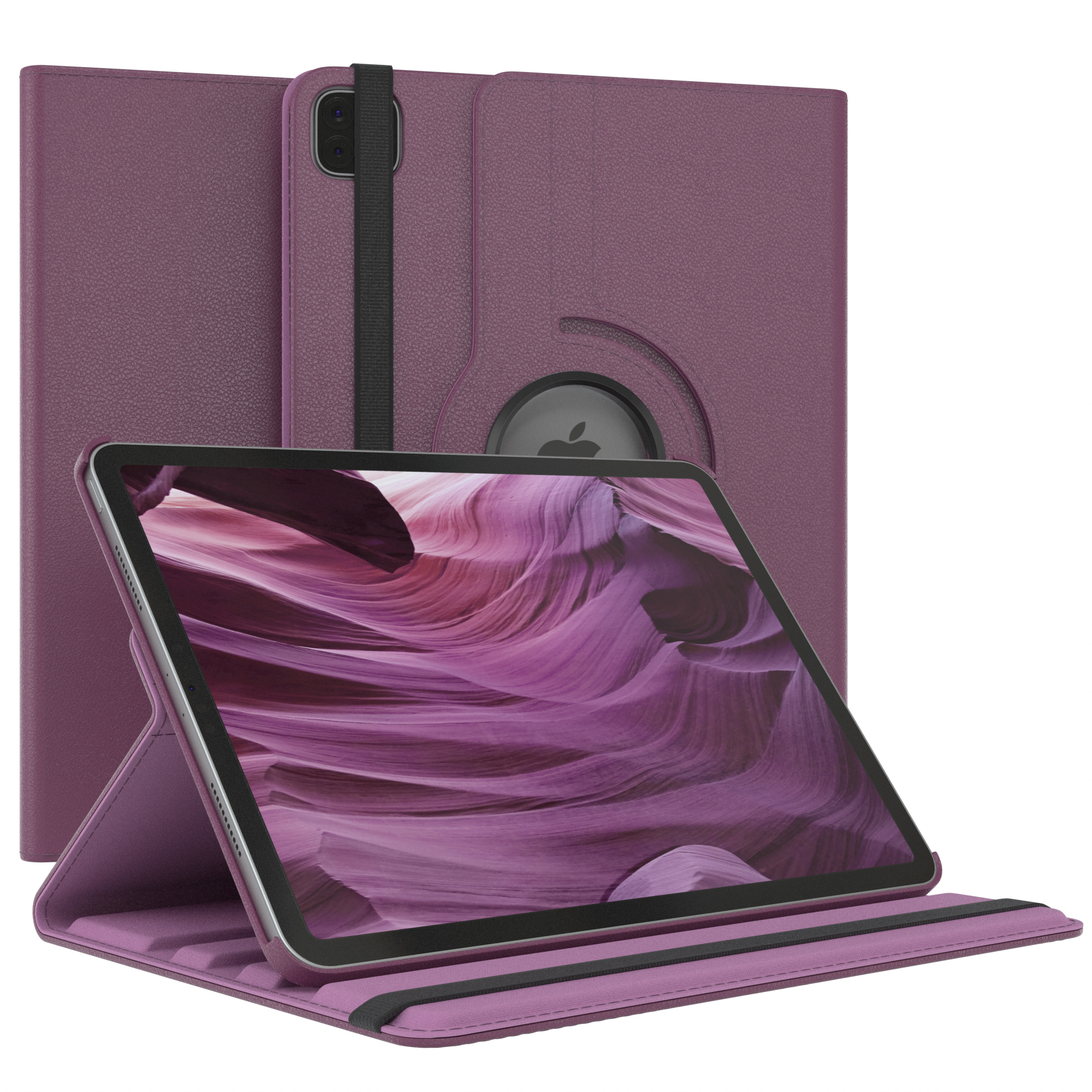 Lila Tablet in Hülle, aufgestellt. Der Bildschirm zeigt einen Canyon.