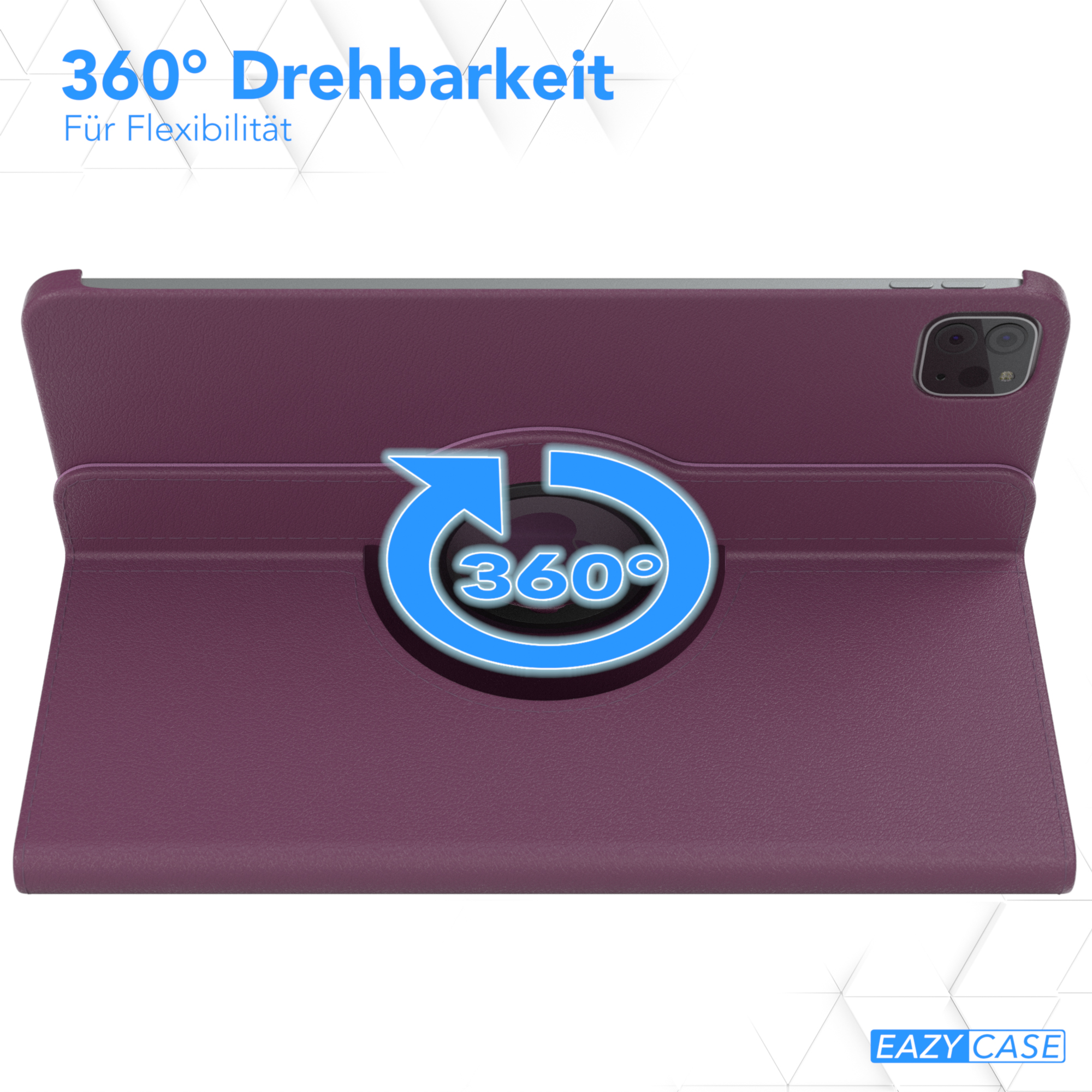 Lila Tablethülle mit Tablet. Die Hülle hat einen Drehmechanismus mit einem 360-Grad-Pfeil.