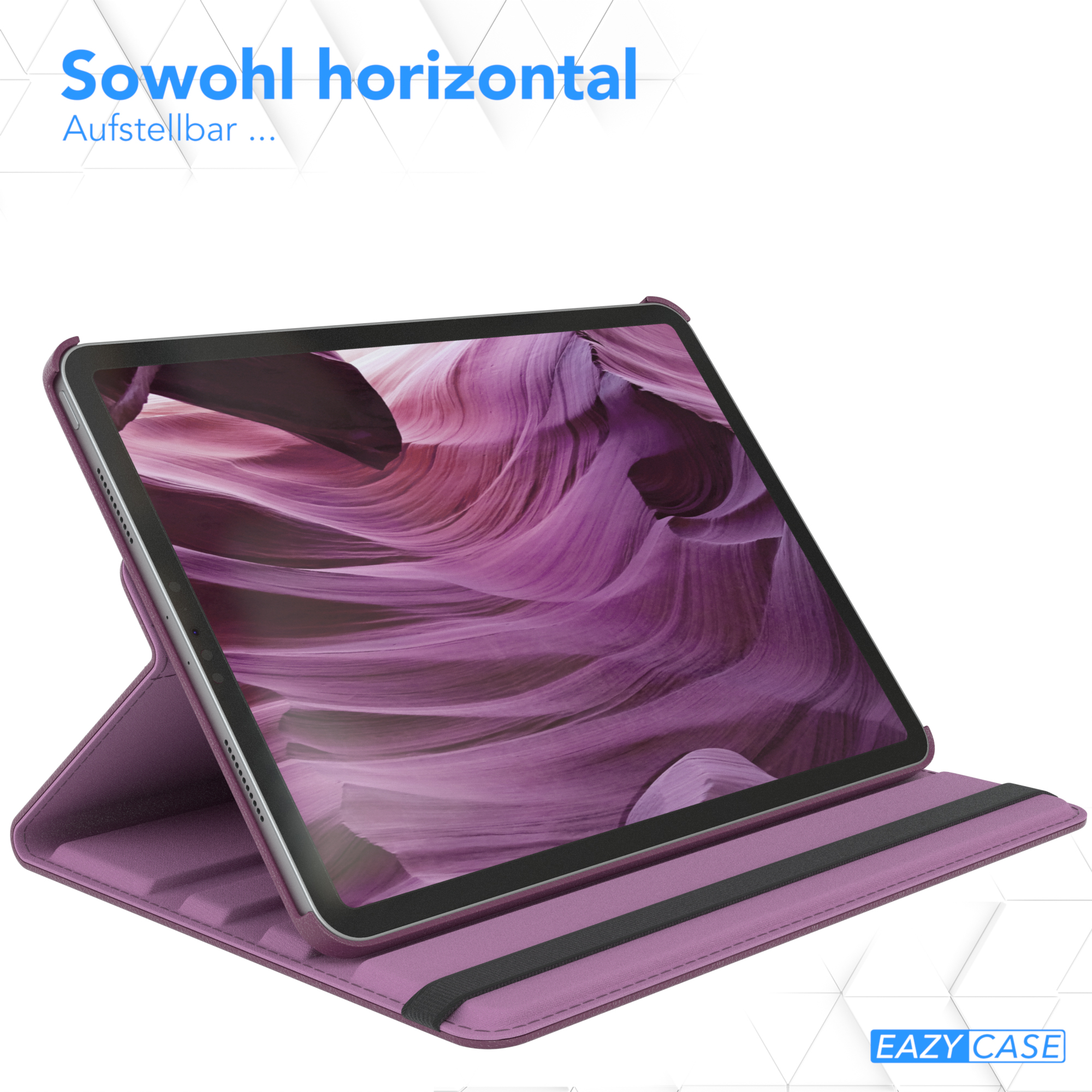 Lila Tablet-Hülle mit Tablet darin. Lila Hintergrund. Schwarzer Riemen.