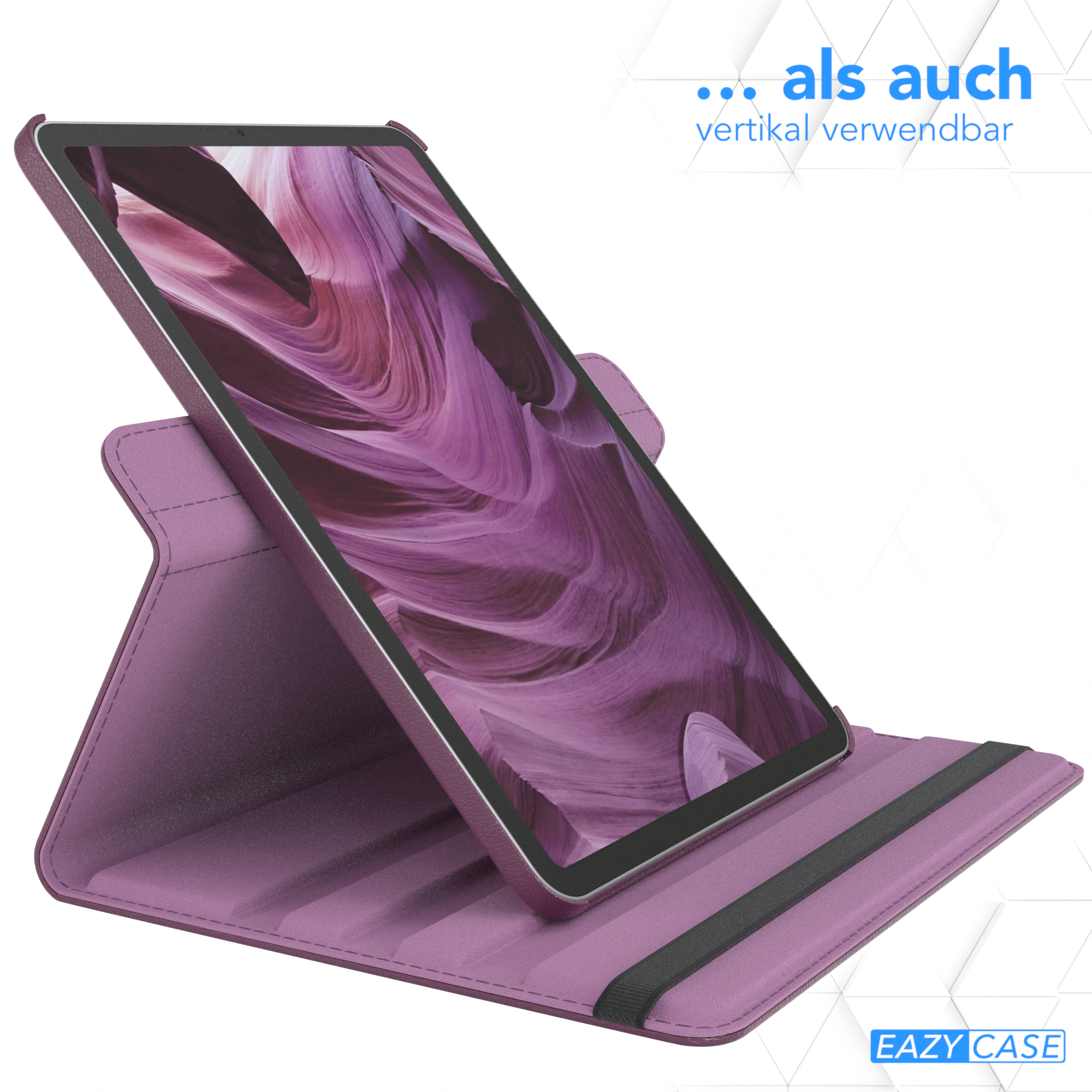 Ein violettes Tablet in einer Hülle, hochgeklappt, mit einem schwarzen Gummiband.